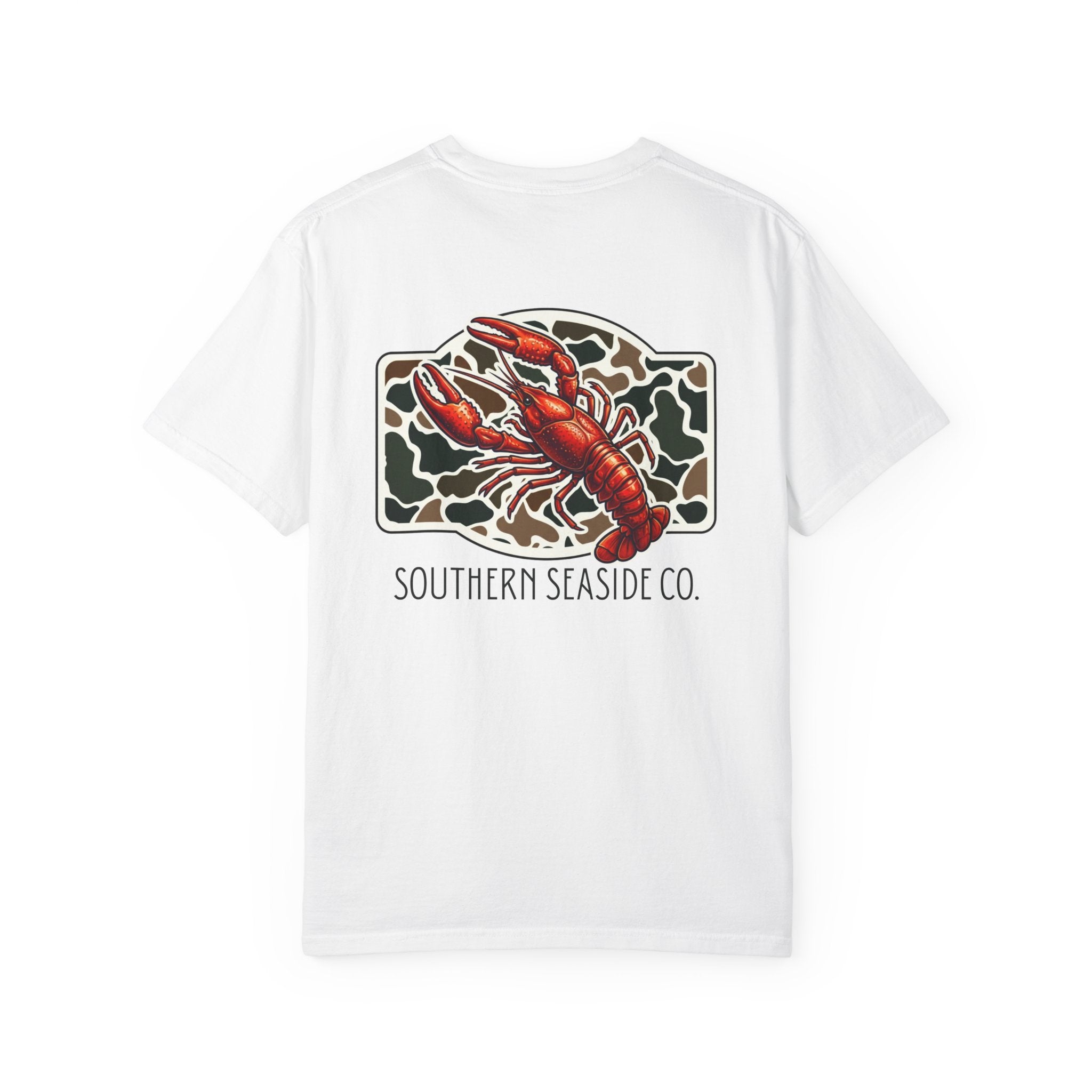 White t-shirt with a crawfish graphic and 'Southern Seaside Co.' text on a new camo print background