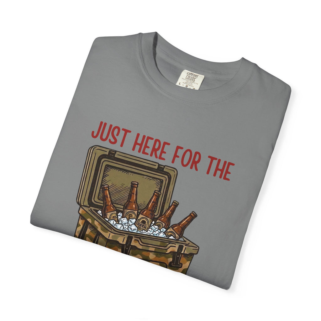 Folded gray t-shirt with Crawfish graphic design and text 'Just Here for the' on a white background