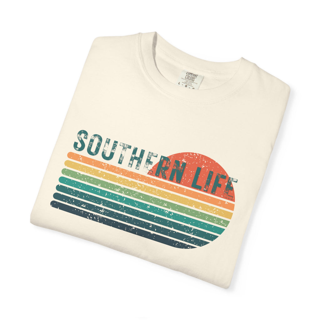 Folded t-shirt with 'Southern Life' graphic on a white background