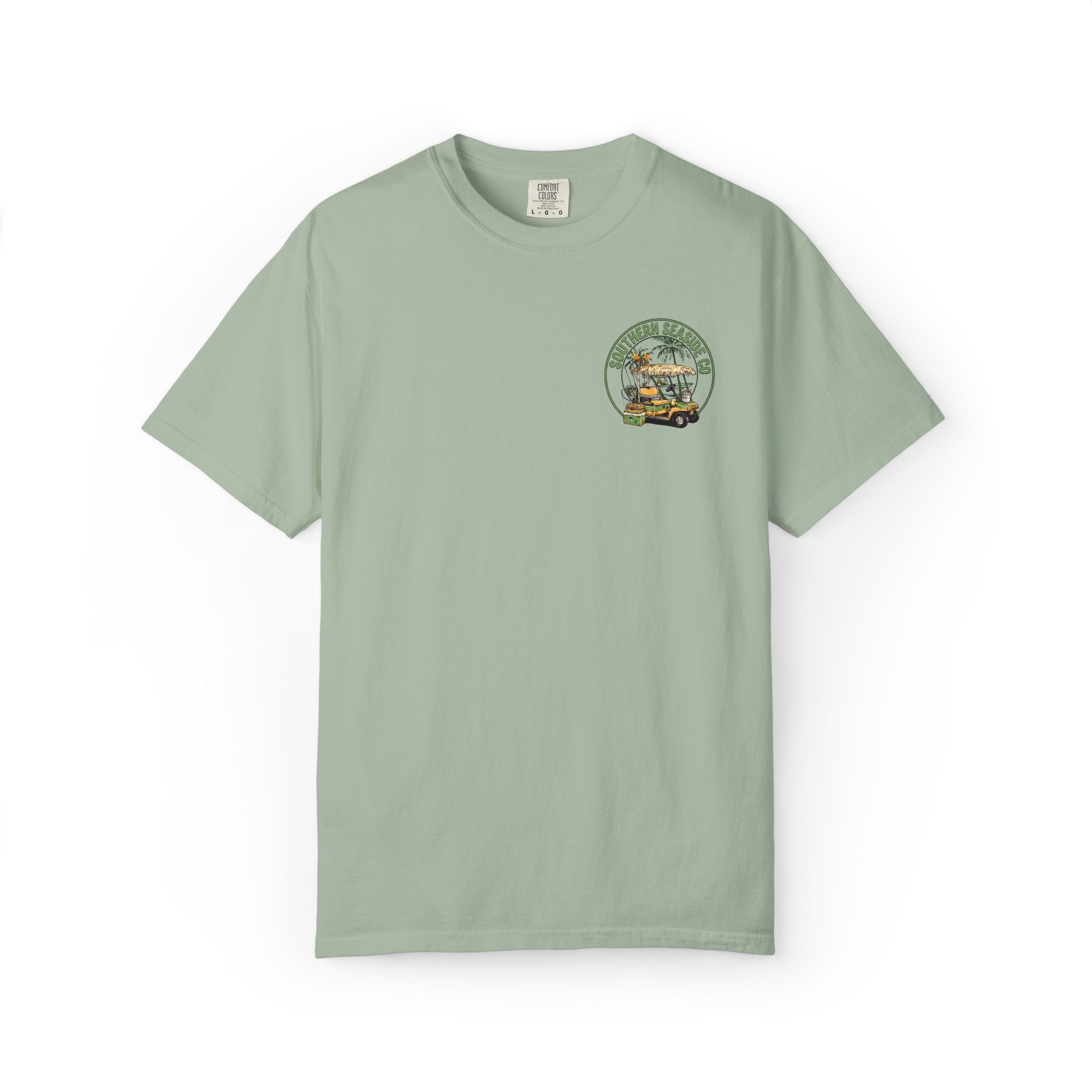 Light green t-shirt with a golf cart and fishing graphic design on a white background