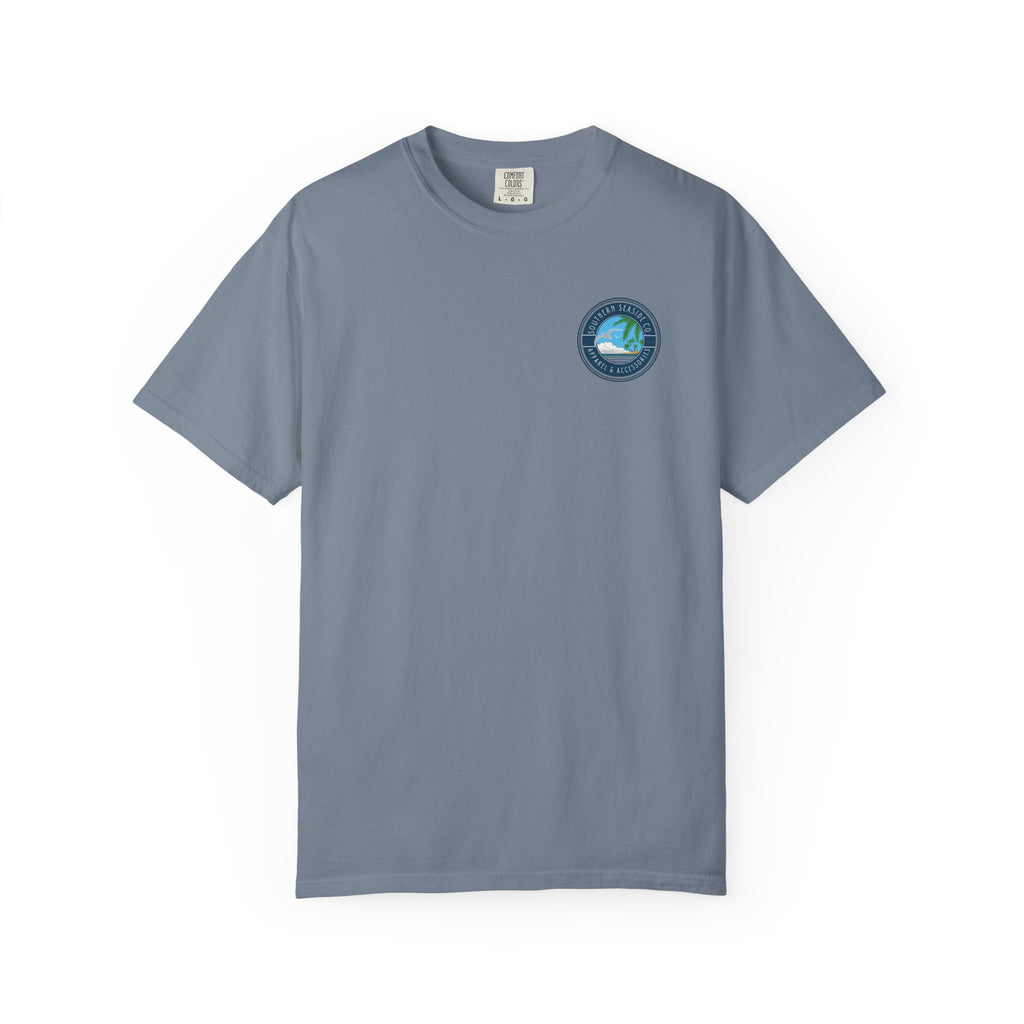 Blue t-shirt with a Southern Seaside Company logo on a white background