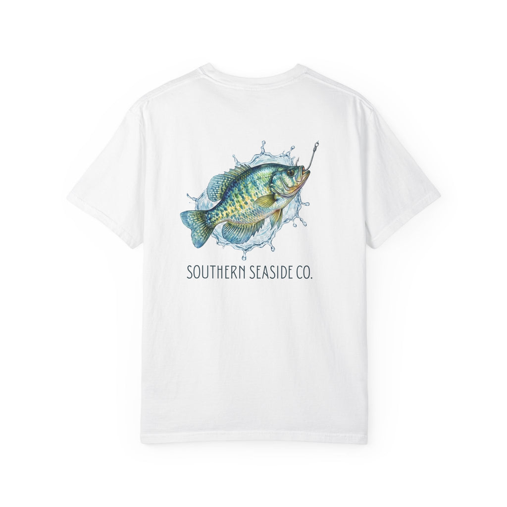 White t-shirt with a crappie fish graphic and 'Southern Seaside Co.' text on a white background