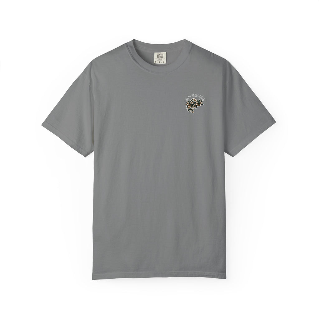 Gray t-shirt with a small camouflage bass fish and the Southern Seaside Company logo on the chest 