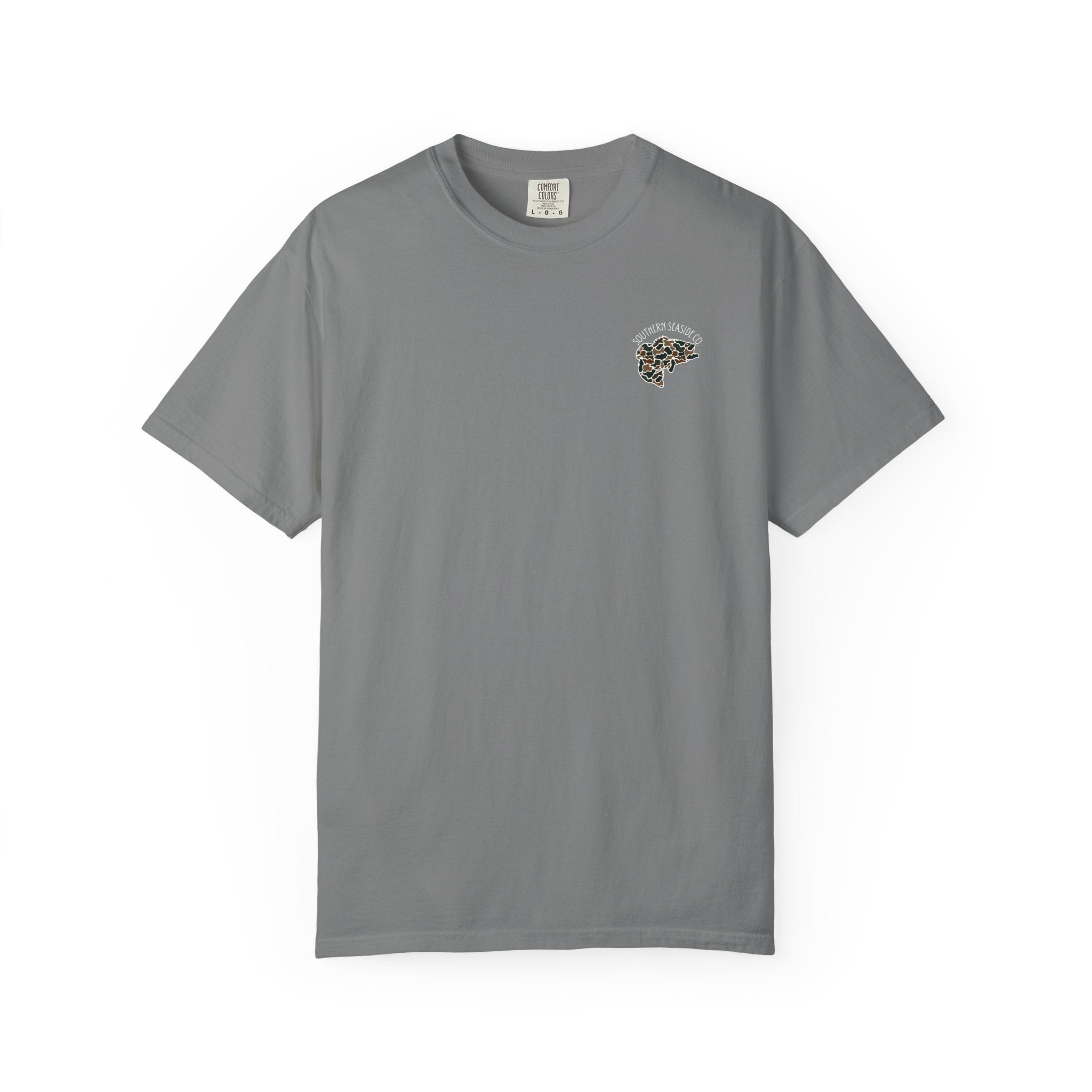 Gray t-shirt with a small camouflage bass fish and the Southern Seaside Company logo on the chest 