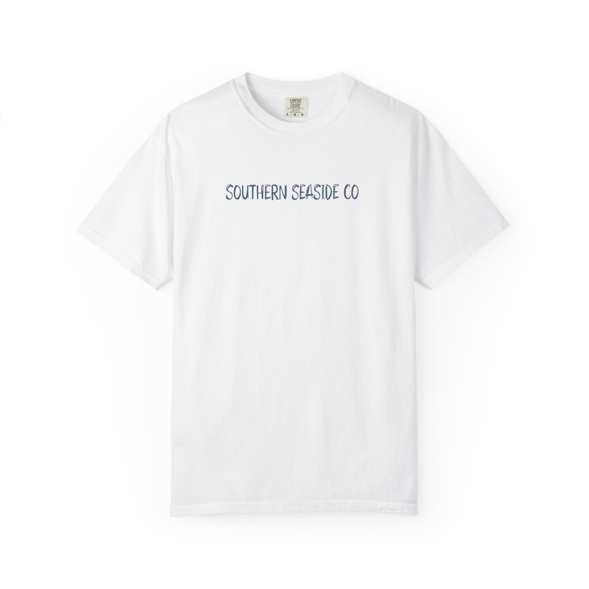 White t-shirt with 'SOUTHERN SEASIDE CO' text on a white background