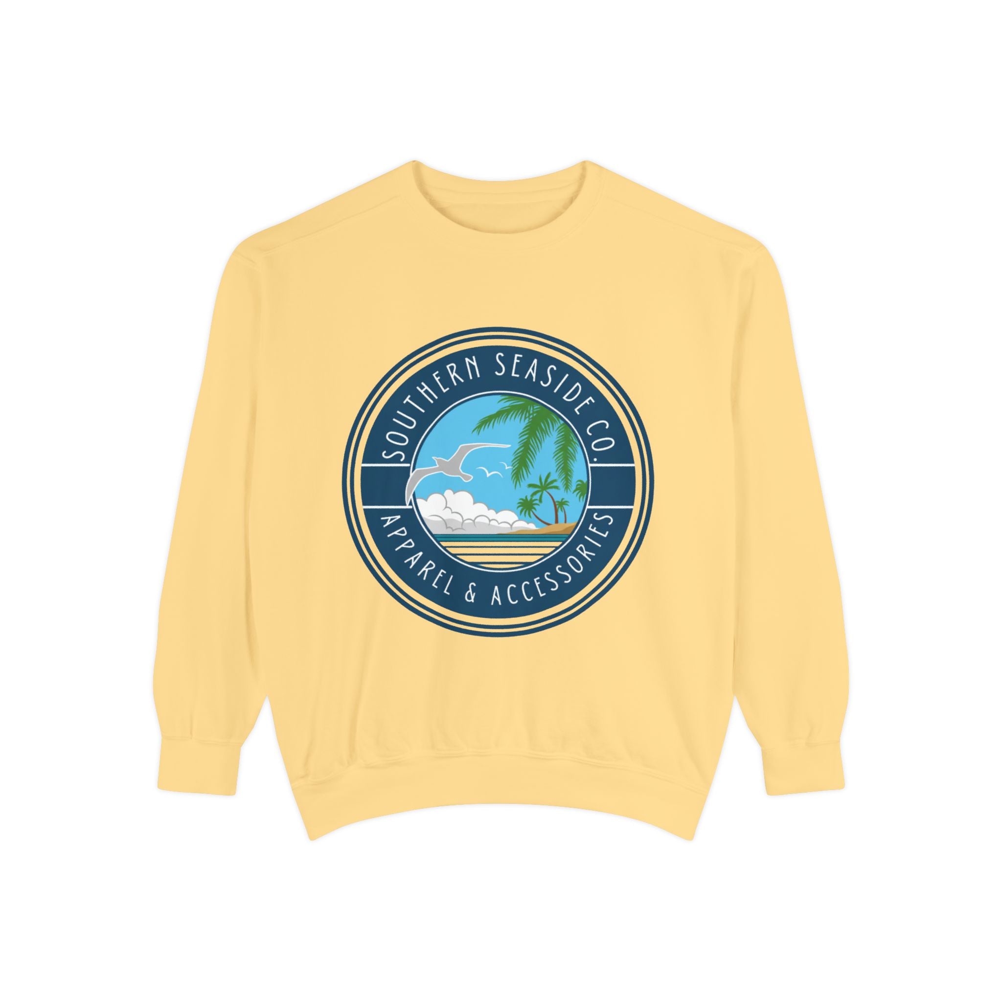 Yellow sweatshirt with a beach-themed logo on a white background