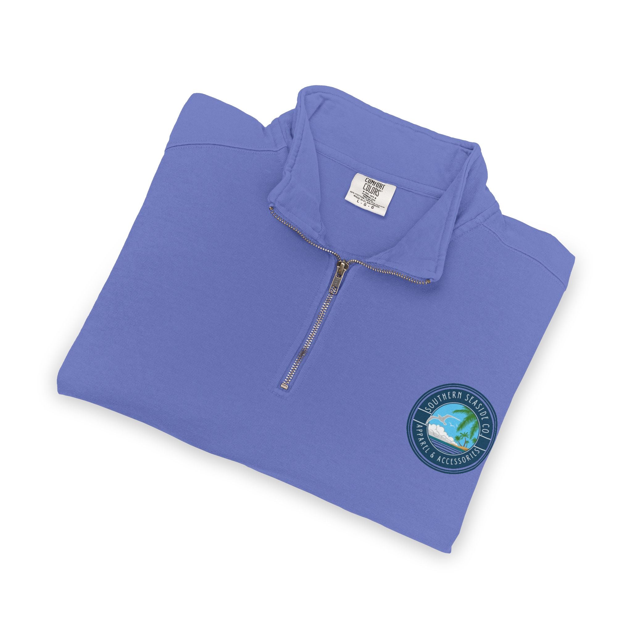 Folded blue Comfort Colors Quarter Zip Sweatshirt pullover with a logo on a white background