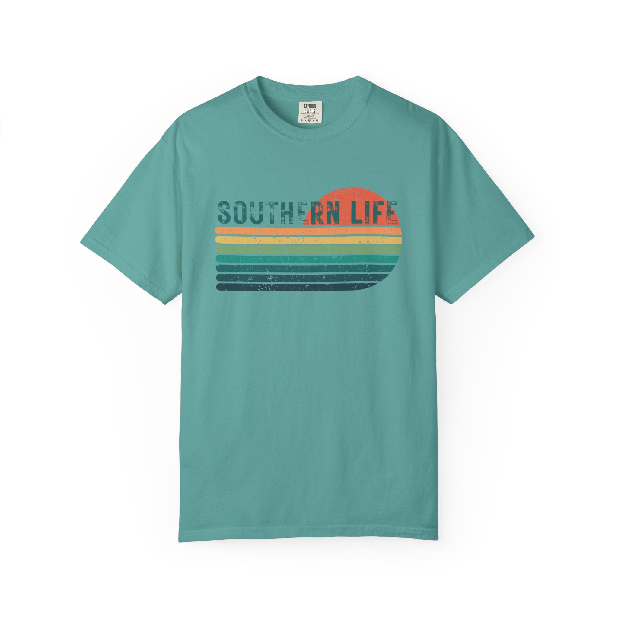 Teal t-shirt with 'Southern Life' graphic on a white background