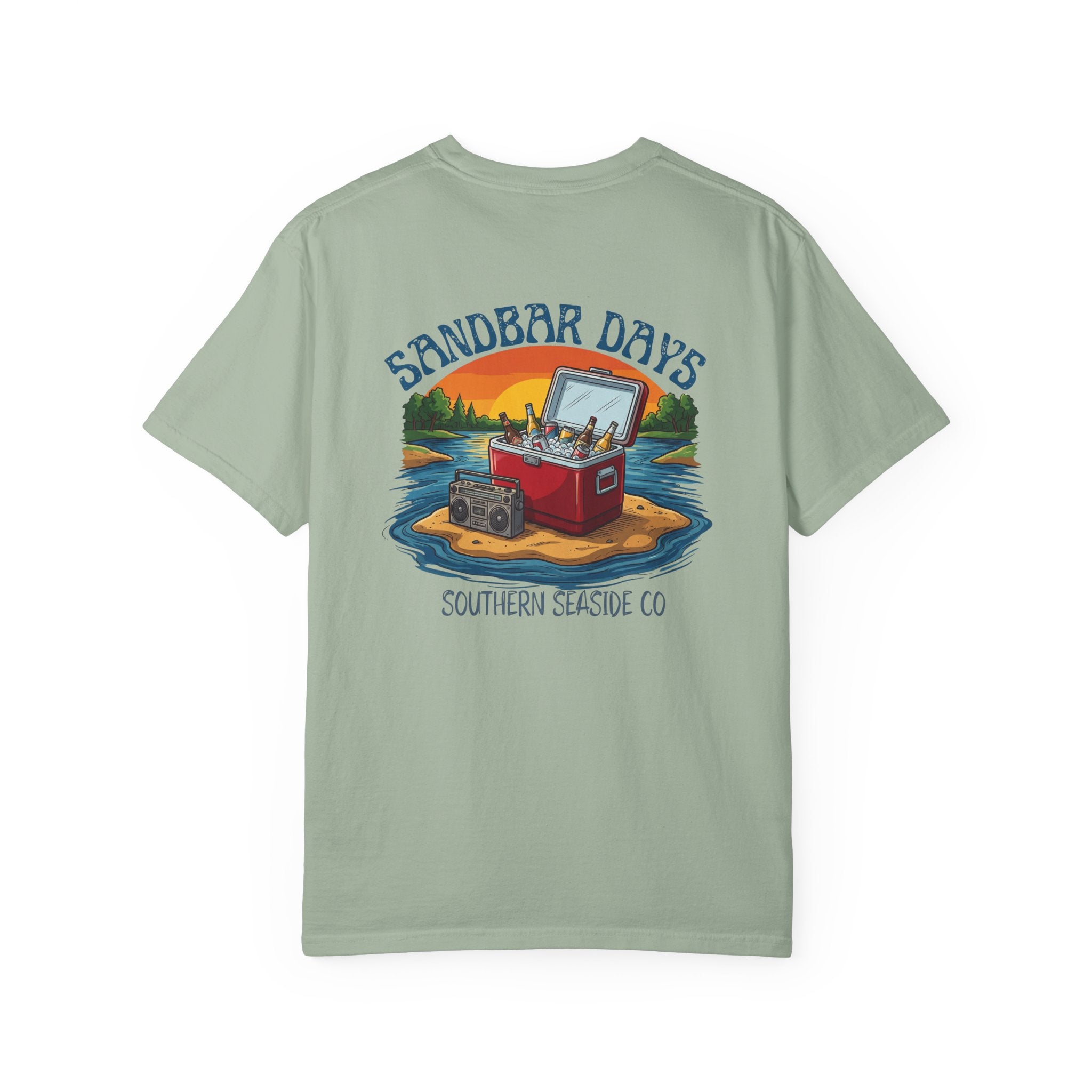 Light green t-shirt with a graphic design on the back featuring a cooler and people by a lake, with 'Sandbar Days' text.
