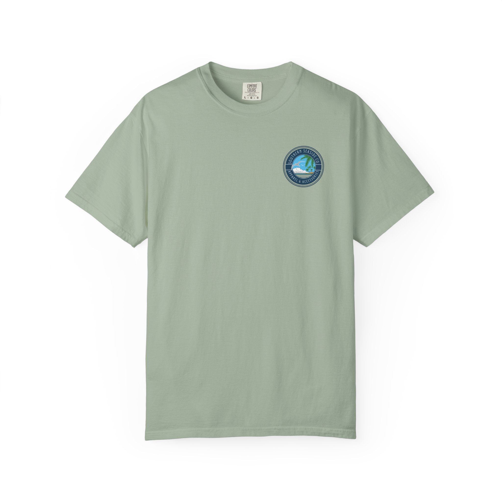 Light green t-shirt with a Southern Seaside Co logo on a white background