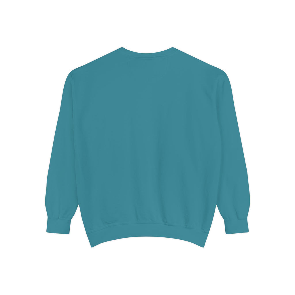 Back viewe of a teal sweatshirt on a white background