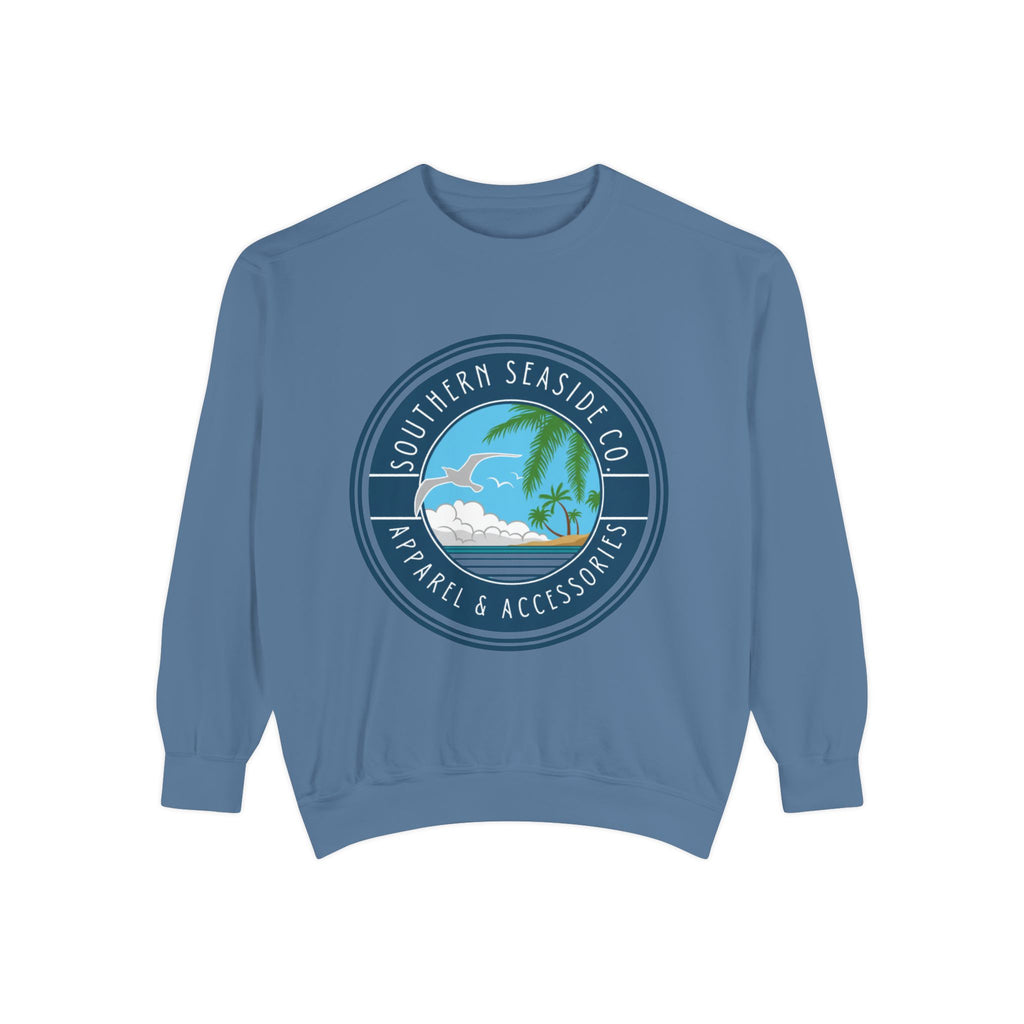 Blue sweatshirt with a beach-themed logo on a white background