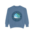 Blue sweatshirt with a beach-themed logo on a white background