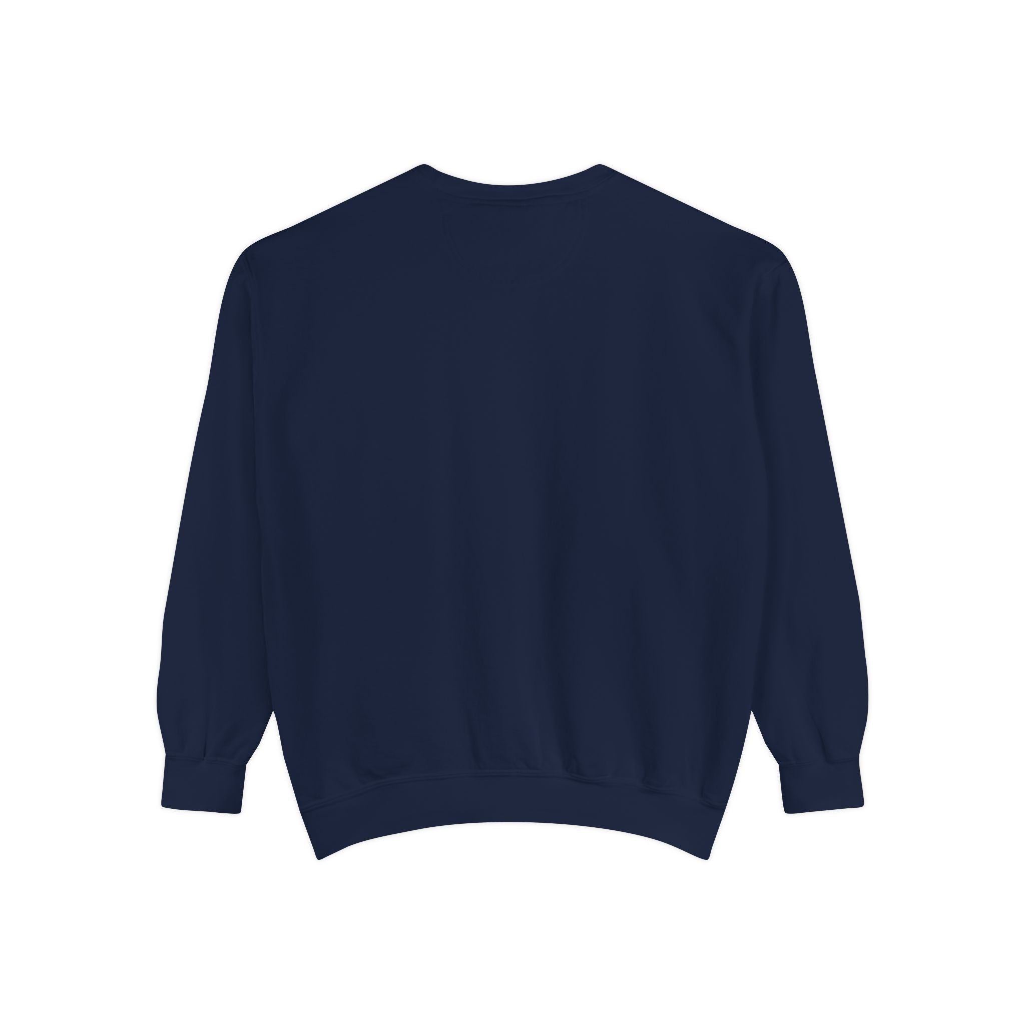 Back view navy blue sweatshirt on a white background.