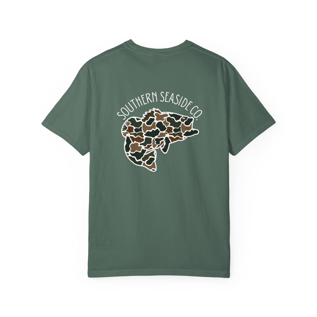 Green t-shirt with new camo print design of a bass fish with the 'Southern Seaside Co.' logo on the back of the bass fishing t-shirt.