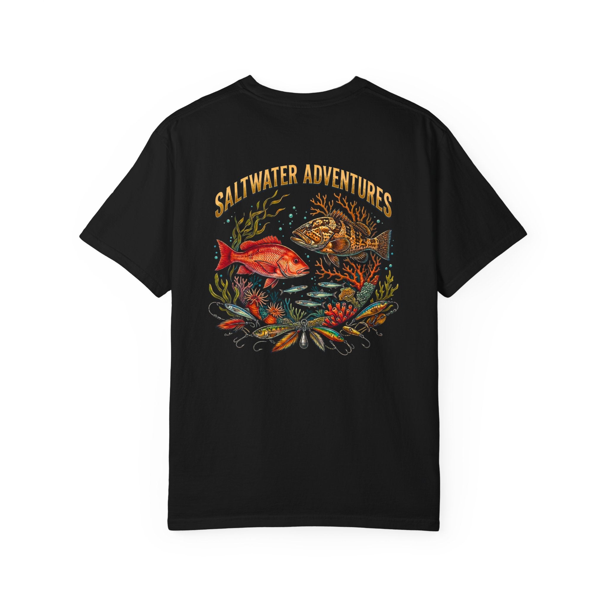 Black t-shirt with 'Saltwater Adventures' design featuring fish and coral on a white background