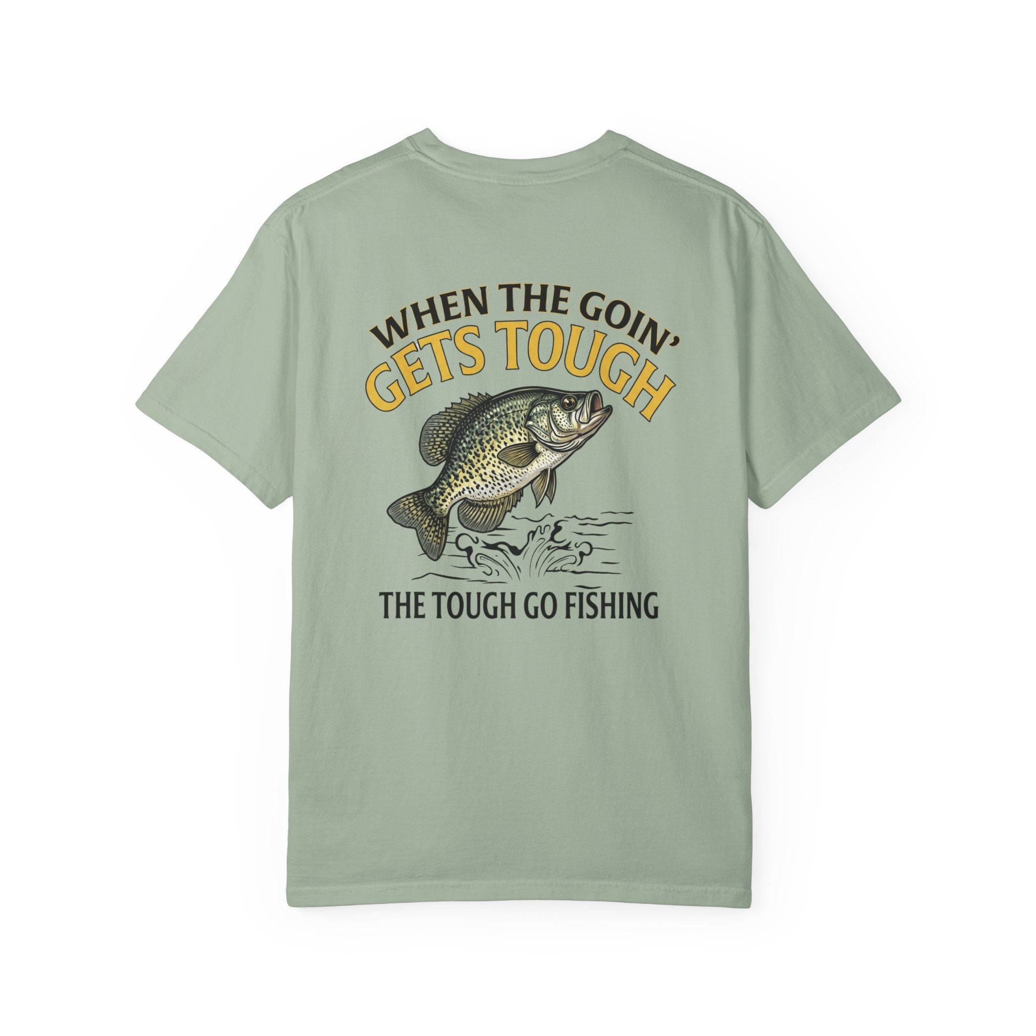 Light green t-shirt with a fish graphic and text on the back, on a white background