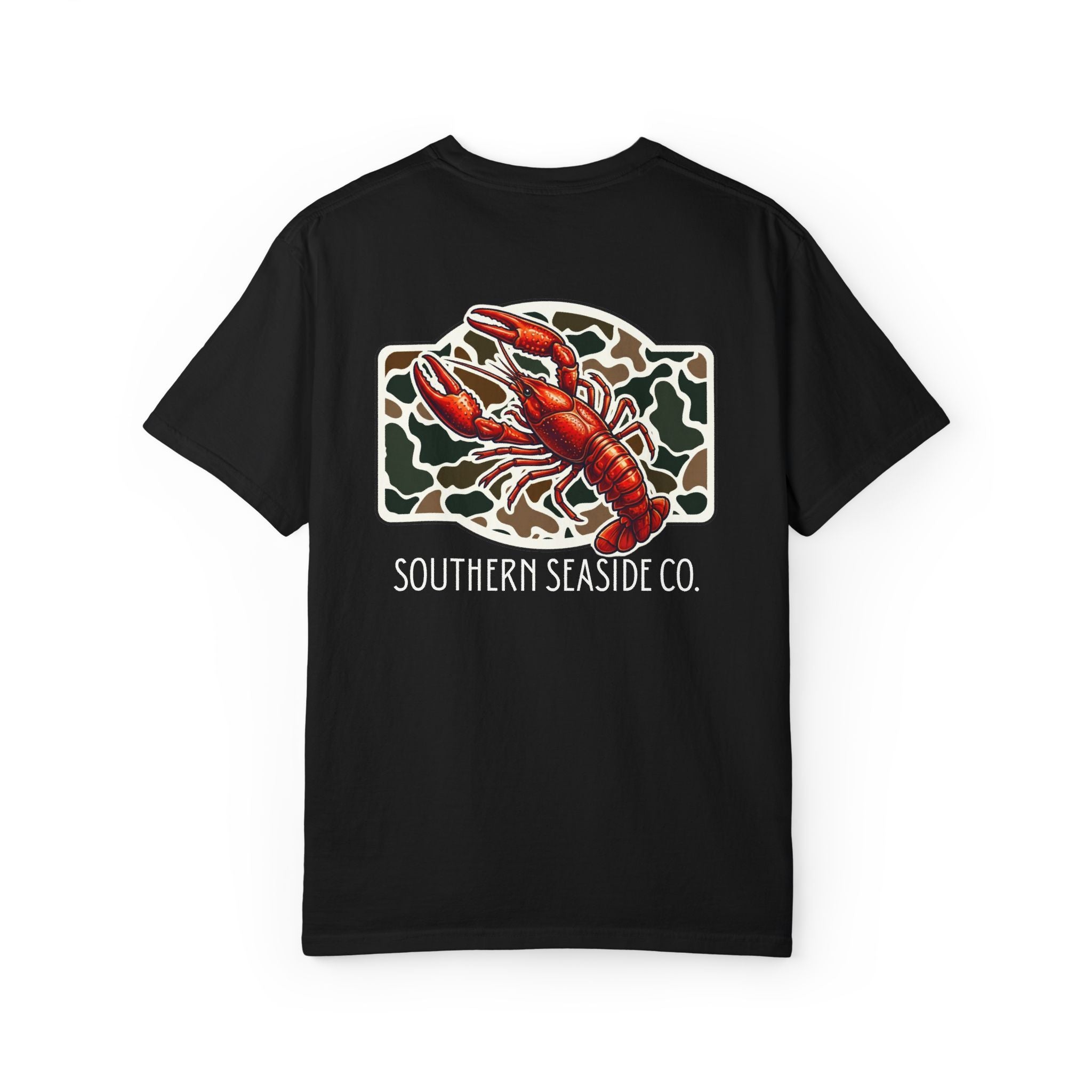 Black t-shirt with a crawfish graphic and 'Southern Seaside Co.' text on a camo print background