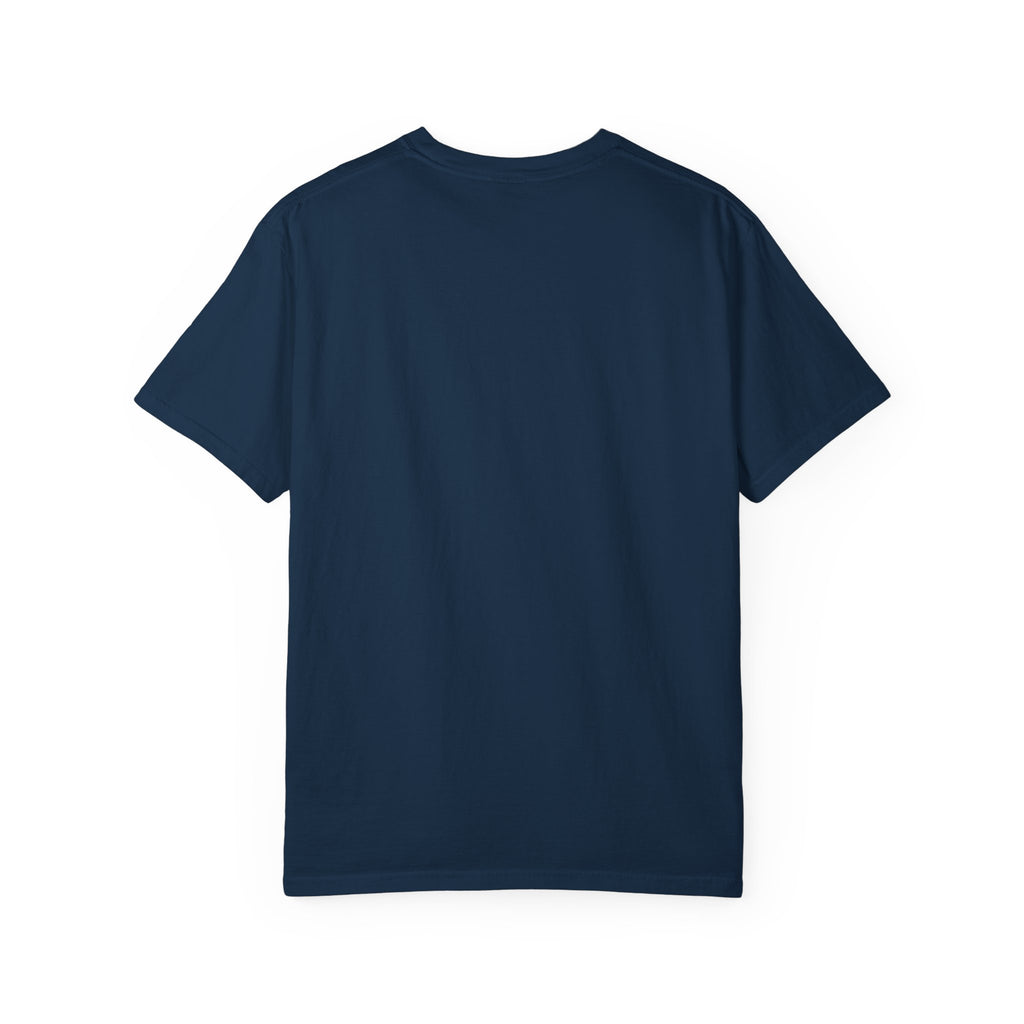 Navy blue t-shirt back view on a white background