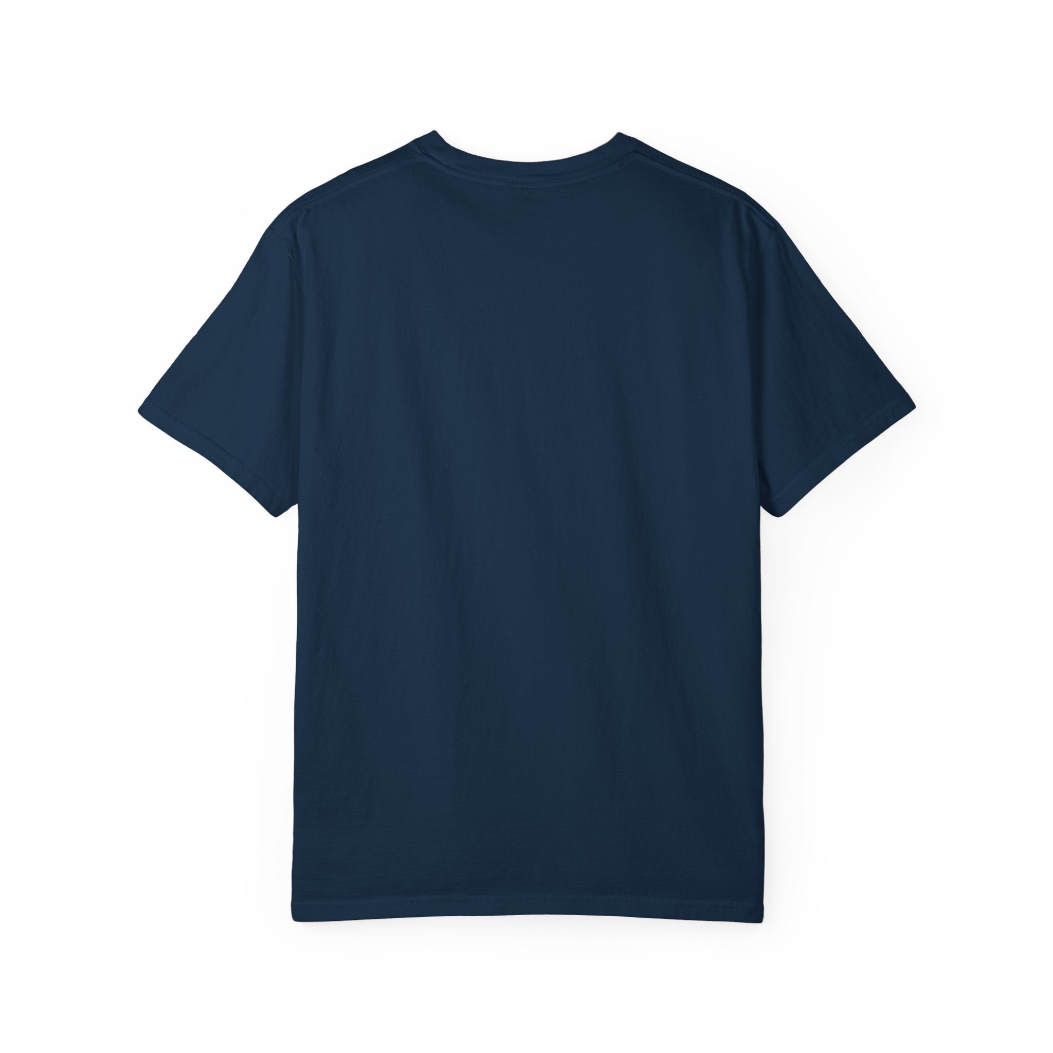 Navy blue t-shirt back view on a white background