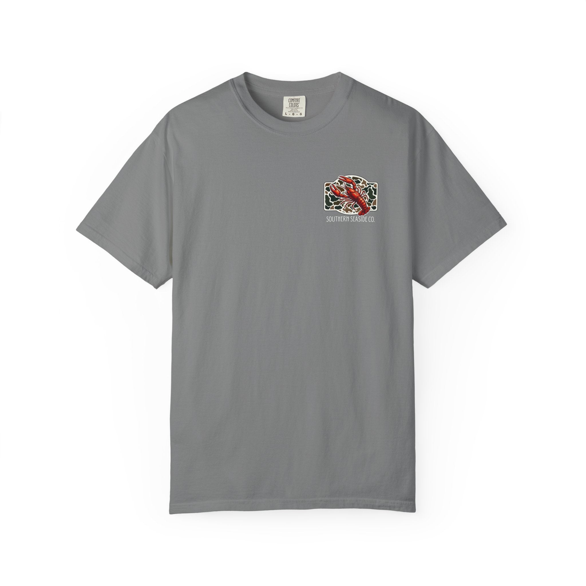 Gray t-shirt with a crawfish graphic design with a camo print background and Southern Seaside Co logo on the chest area.