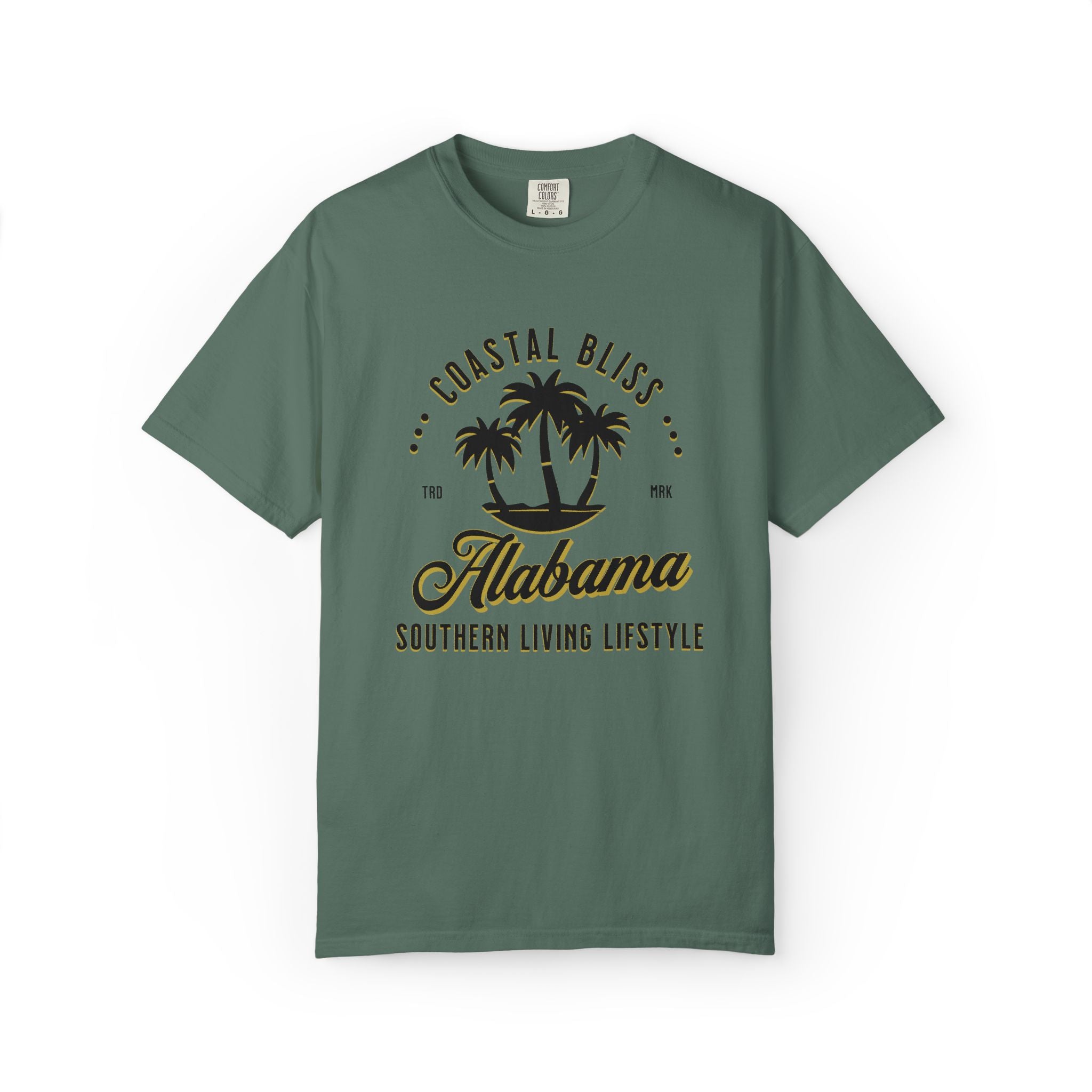 Green t-shirt with 'Alabama Southern Living Lifestyle' text and palm tree design on a white background