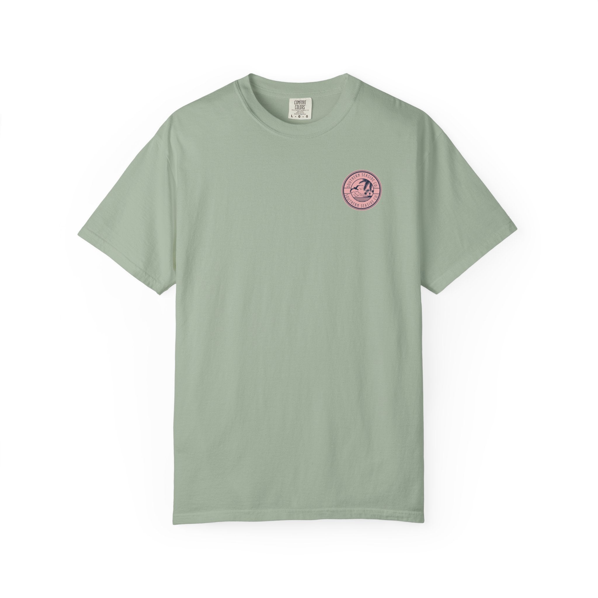 Green t-shirt with a pink logo on a white background