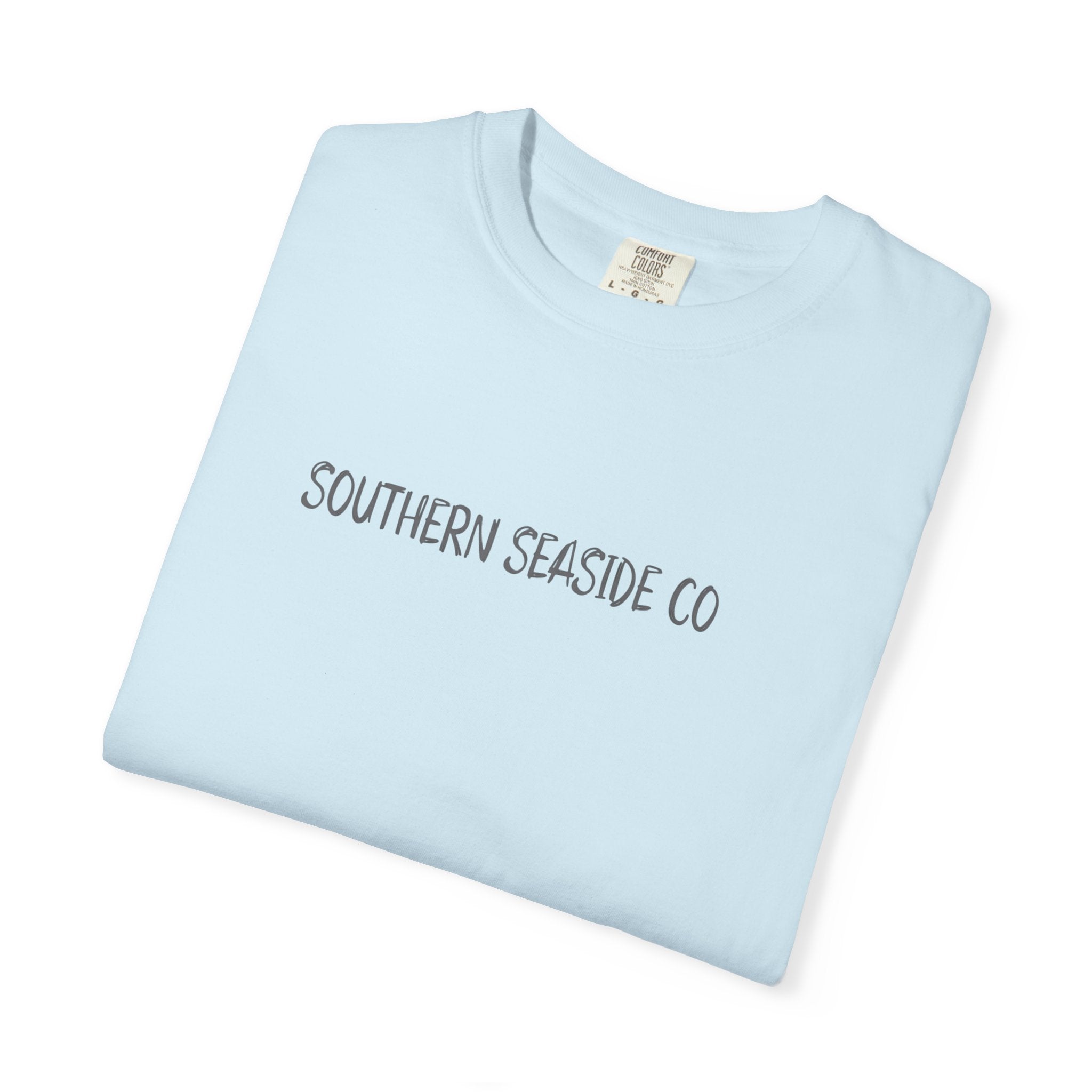 Light blue t-shirt with 'Southern Seaside Co' text on a white background