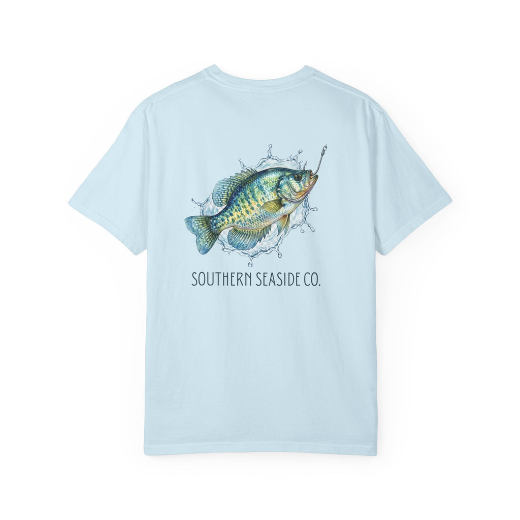 Light blue t-shirt with a crappie fish graphic and 'Southern Seaside Co.' text on a white background