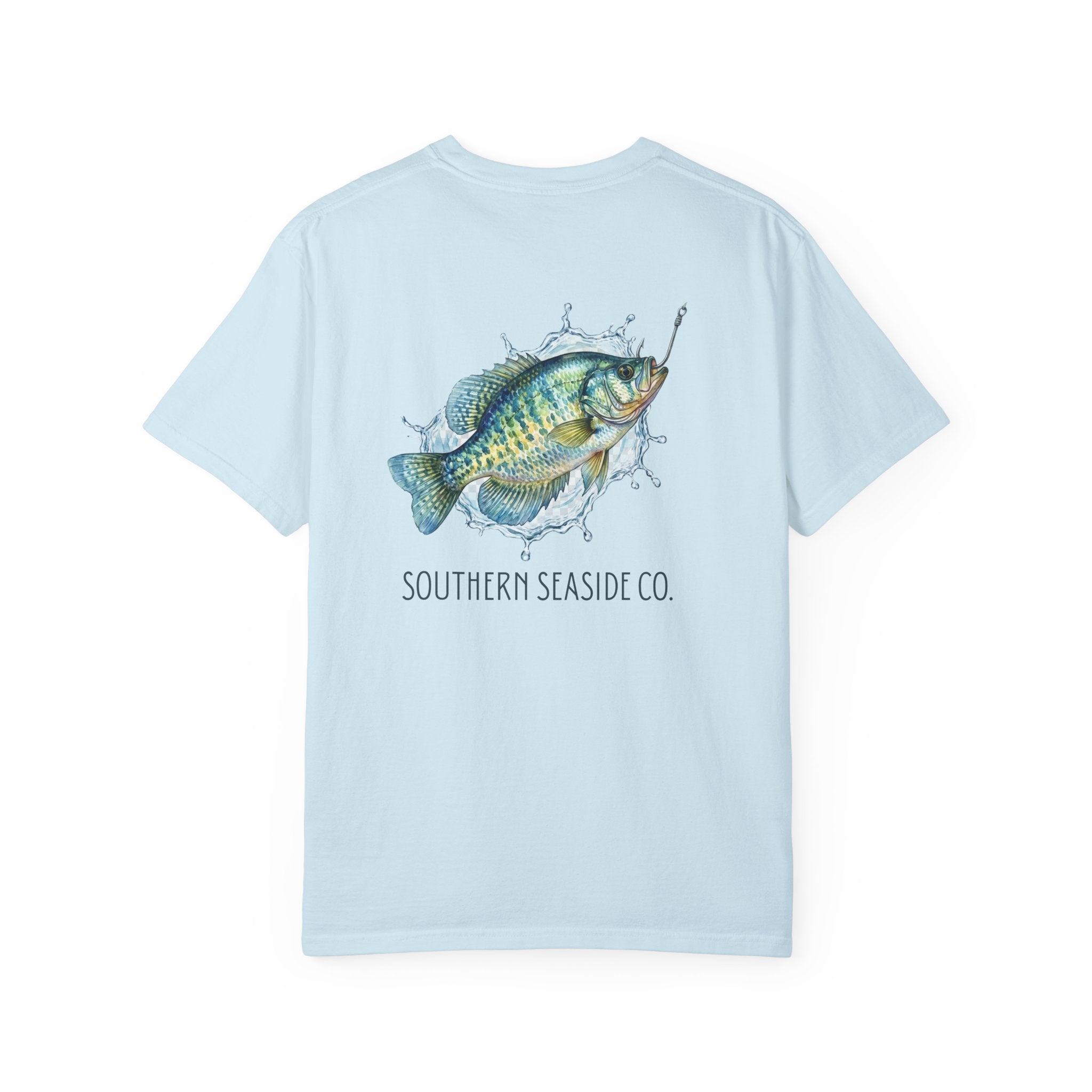 Light blue t-shirt with a crappie fish graphic and 'Southern Seaside Co.' text on a white background
