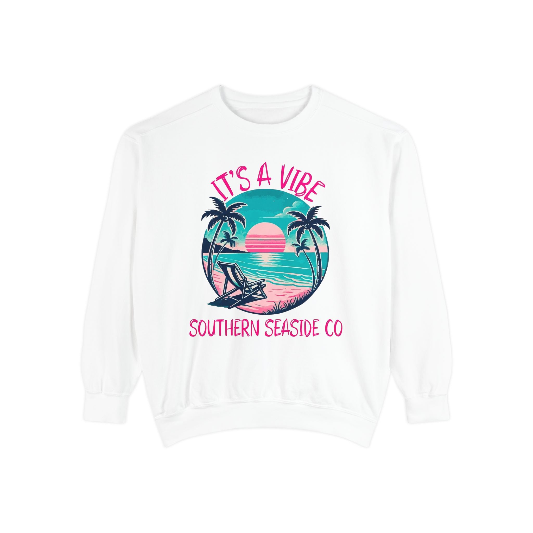 White sweatshirt with a tropical graphic and 'It's a Vibe' text on a white background