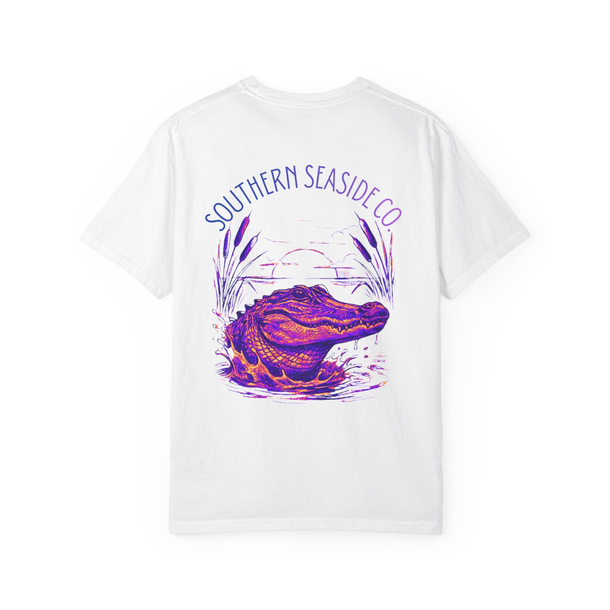 White t-shirt with a purple alligator graphic and 'Southern Seaside Co' text on a white background