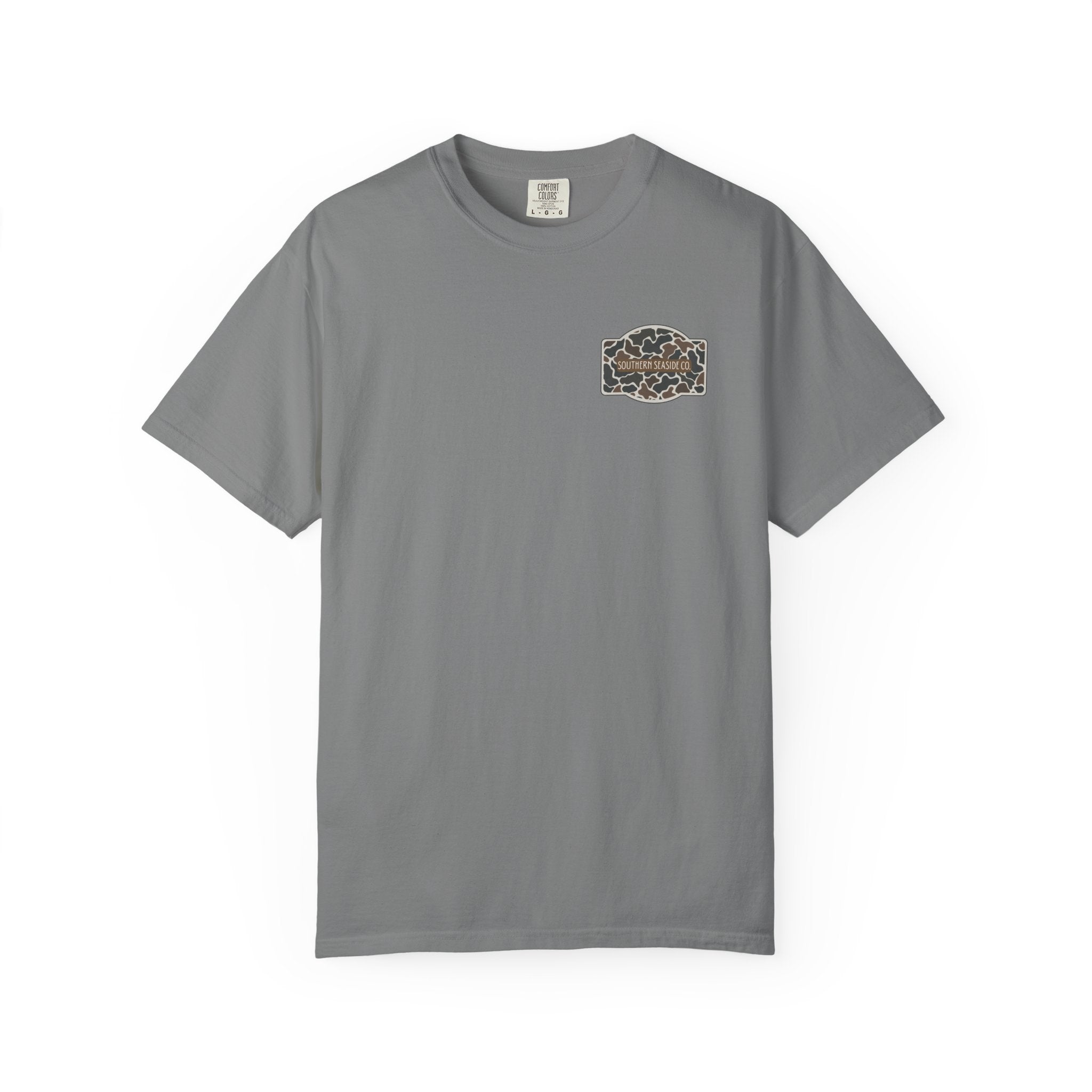 Gray t-shirt with a camouflage logo on the chest against a white background