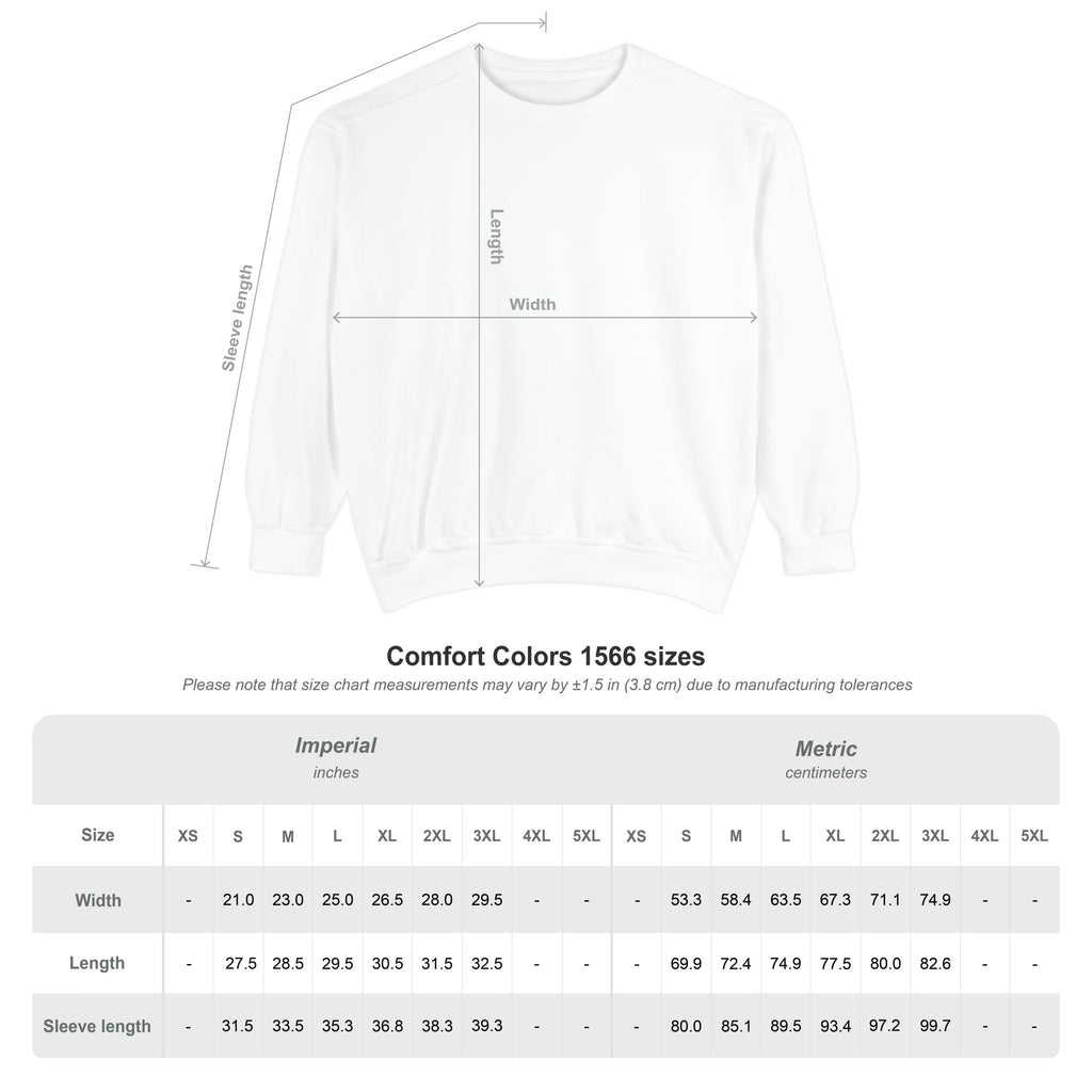Measurement chart for a comfort colors 1566 sweatshirt with dimensions labeled on a white background