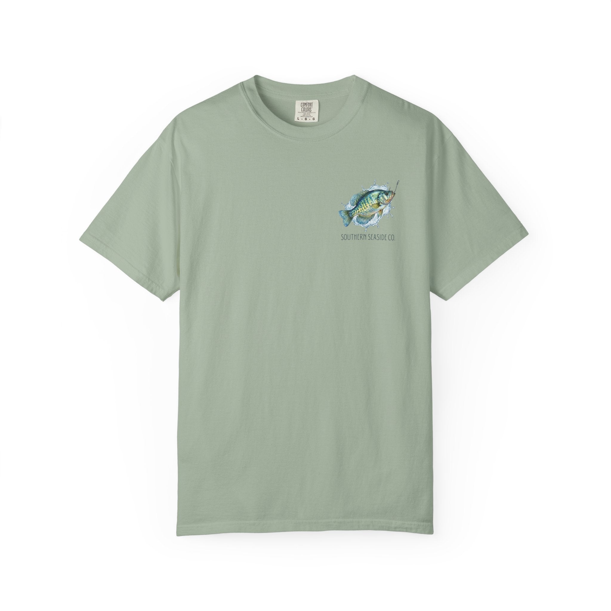 Light green t-shirt with a crappie fish graphic on a white background