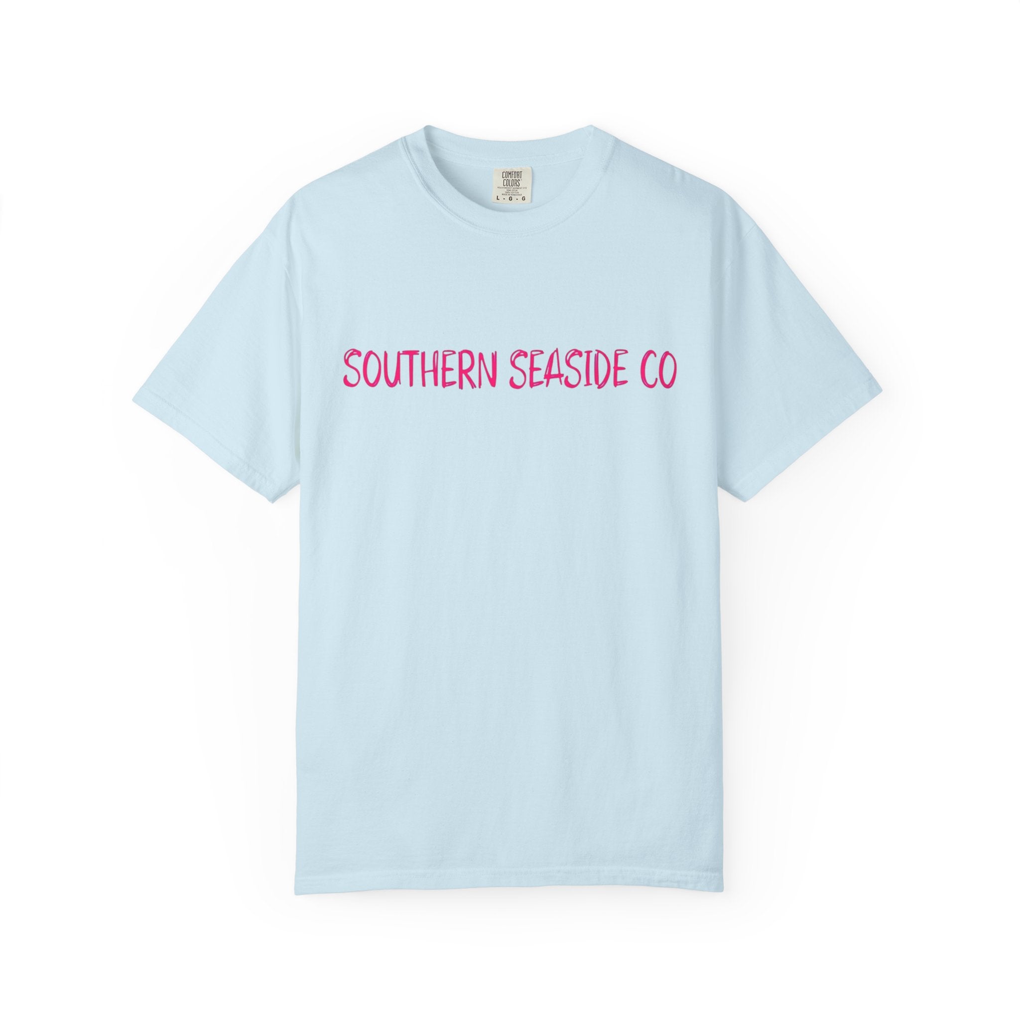 Light blue t-shirt with 'Southern Seaside Co' text in pink on a white background