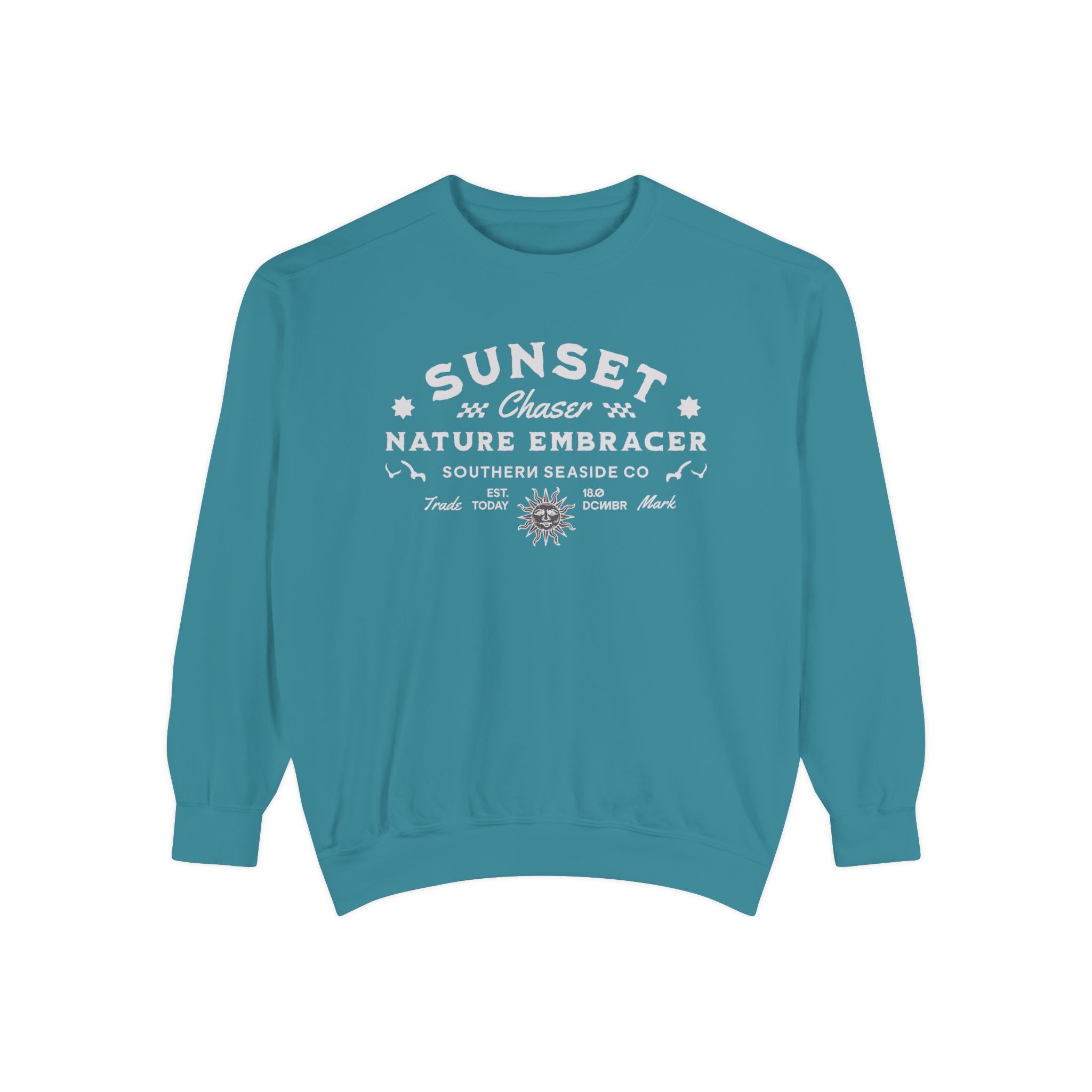Teal sweatshirt with white text and graphics on a white background