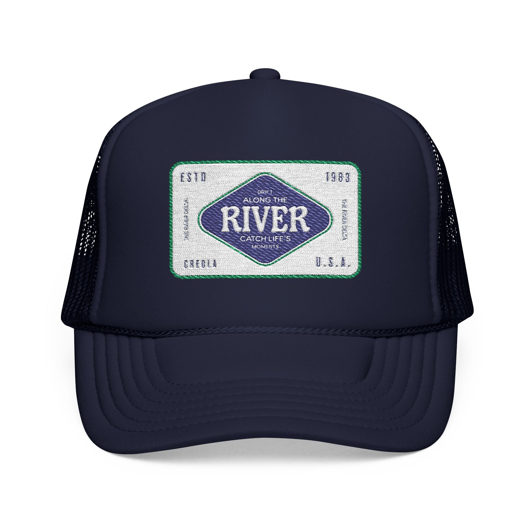 Navy blue trucker hat with the logo of Along The River Catching Life's Moments based in Creola Alabama river delta.