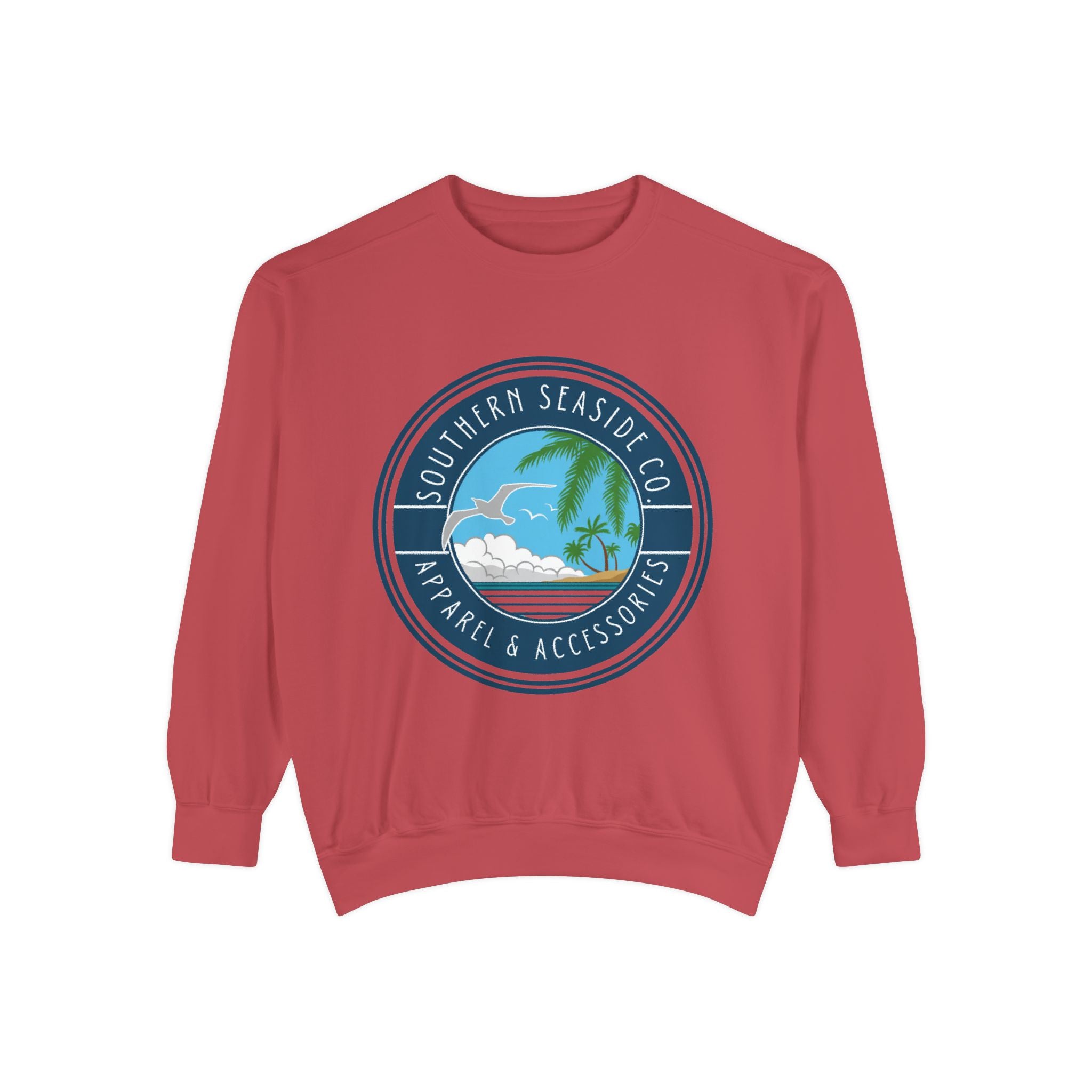 Red sweatshirt with a beach-themed logo on a white background