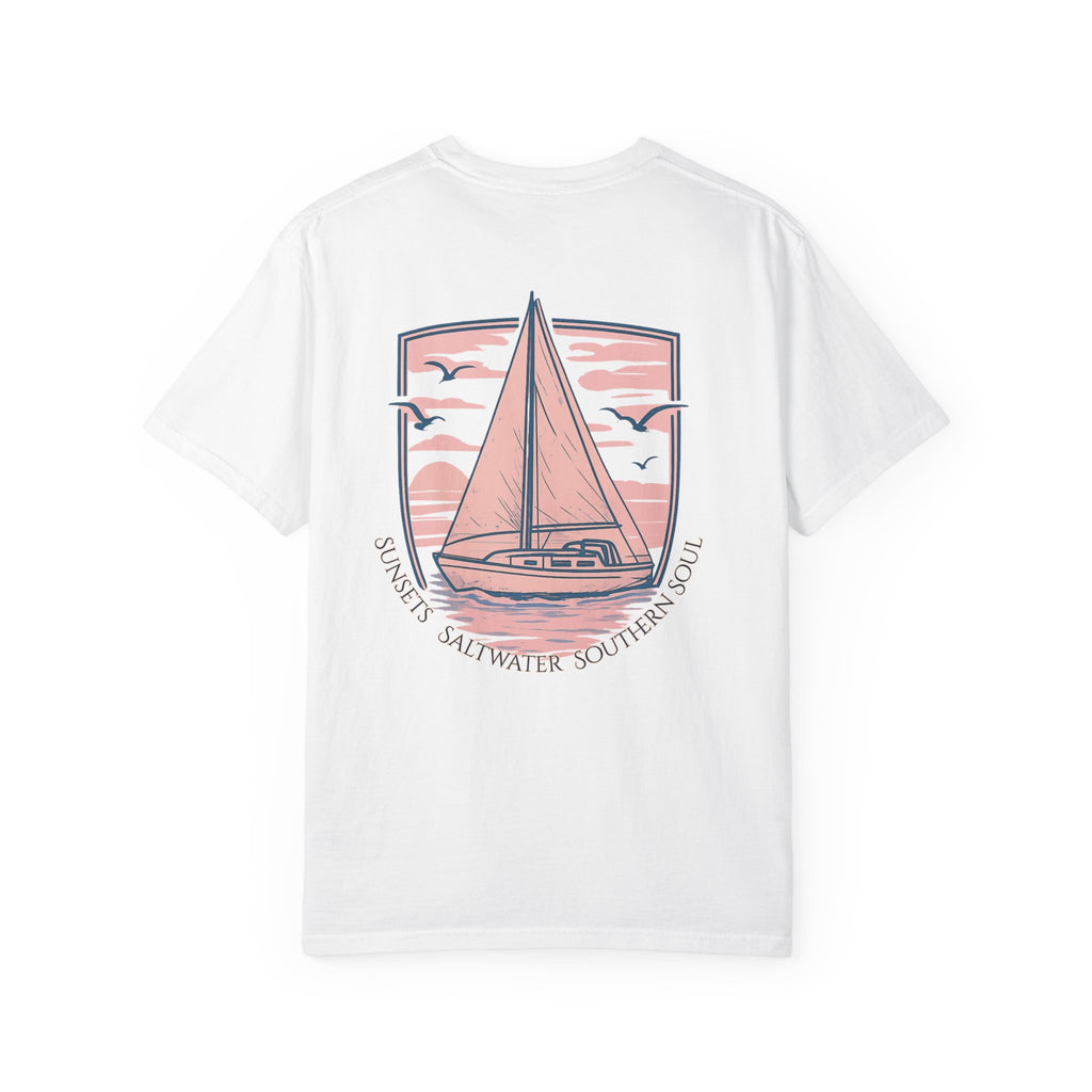 White t-shirt with sailboat graphic and 'Sunsets, Saltwater, Southern Soul' text on a white background