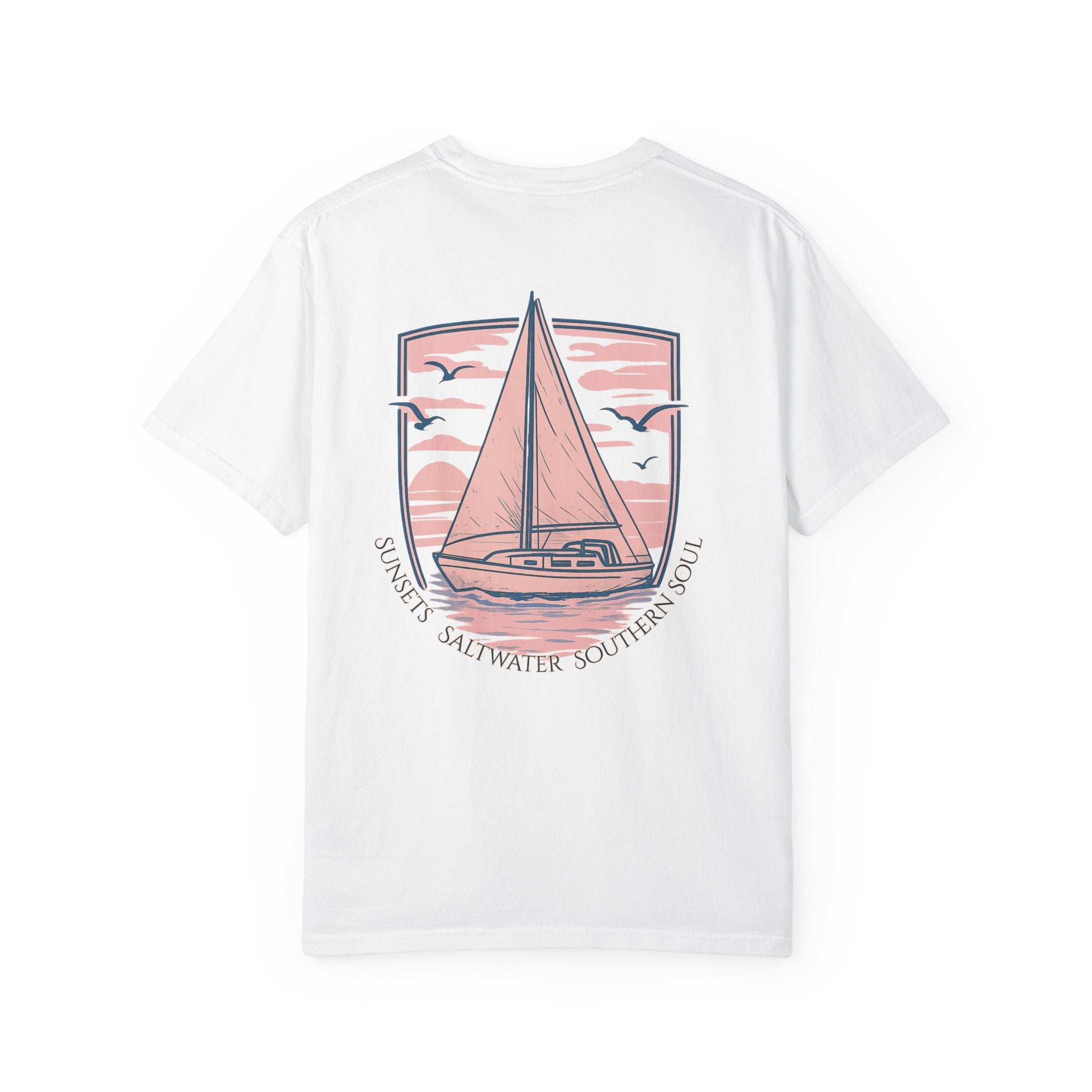 White t-shirt with sailboat graphic and 'Sunsets, Saltwater, Southern Soul' text on a white background