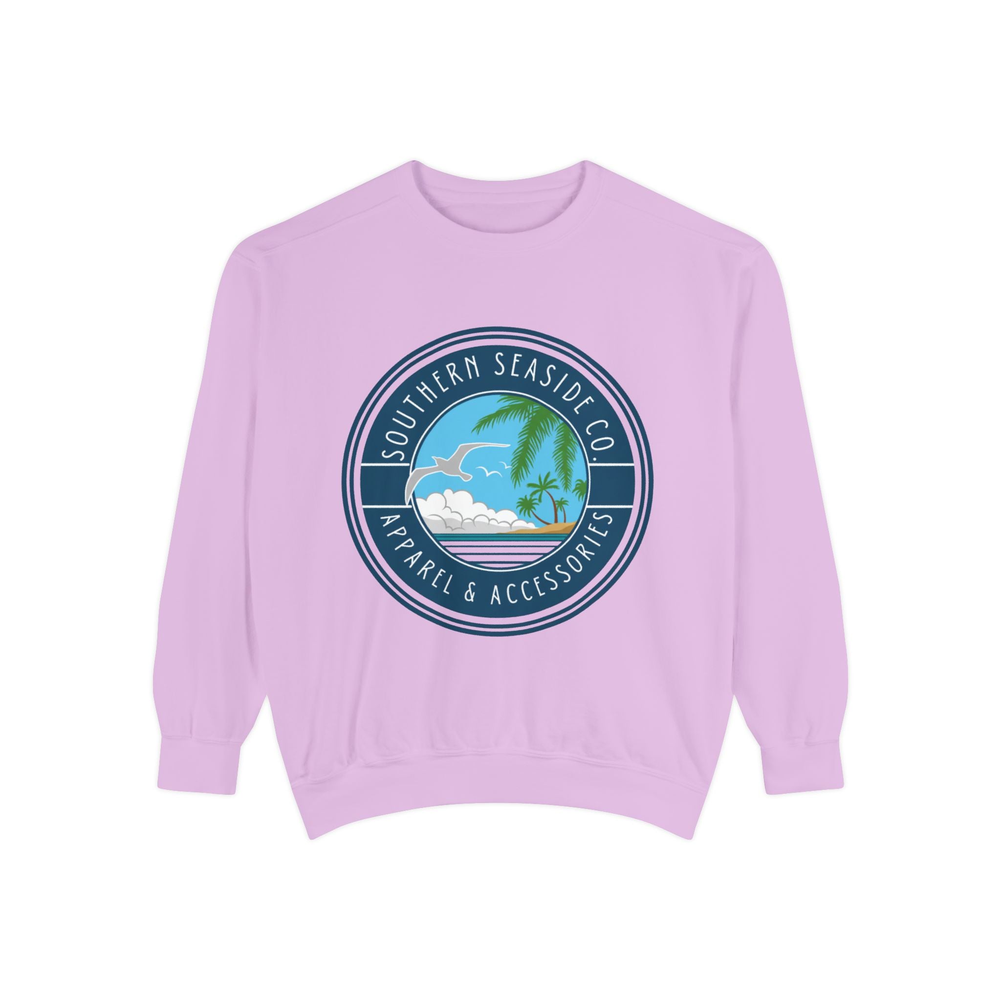 Light purple sweatshirt with a beach-themed logo on a white background