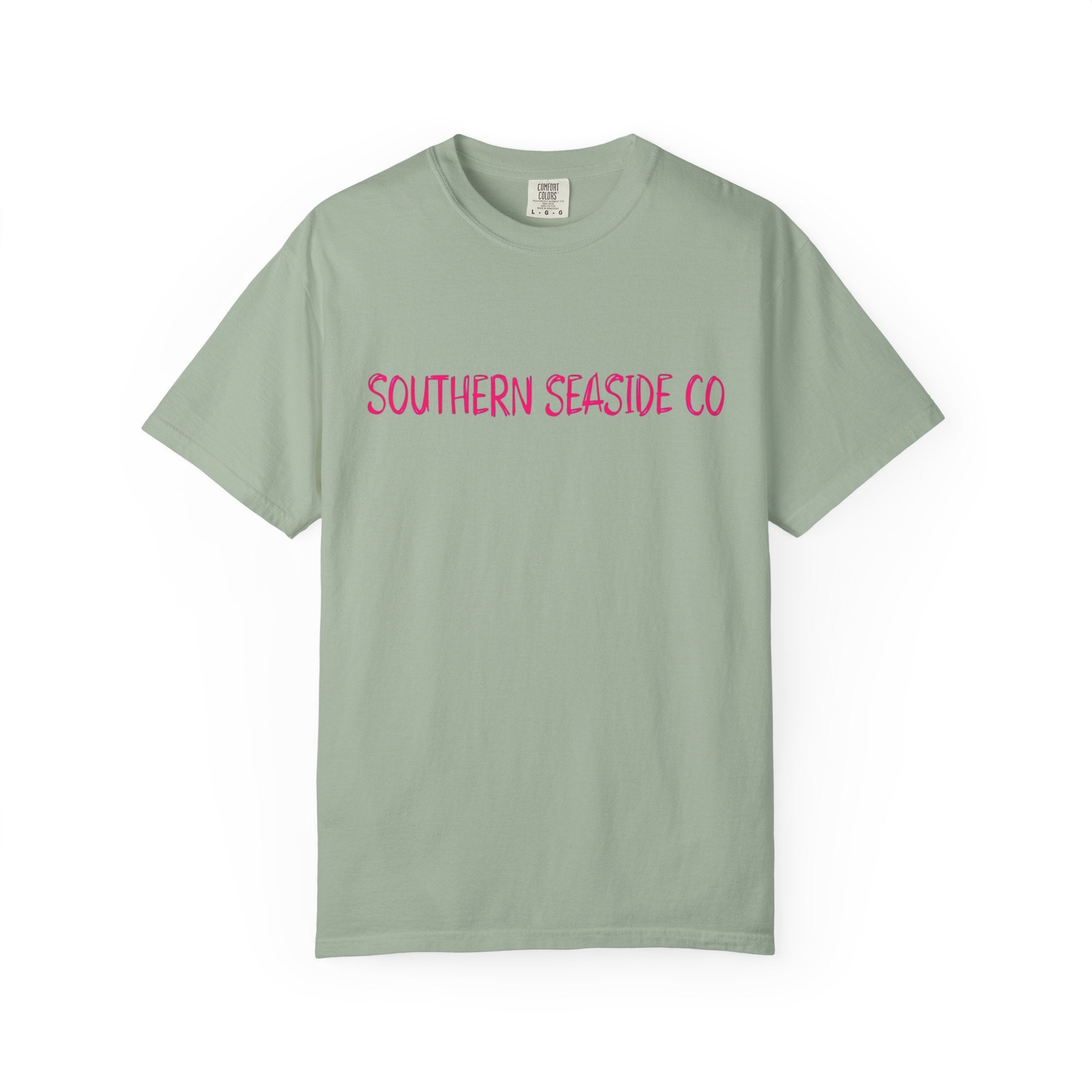 Green t-shirt with 'Southern Seaside Co' text on a white background