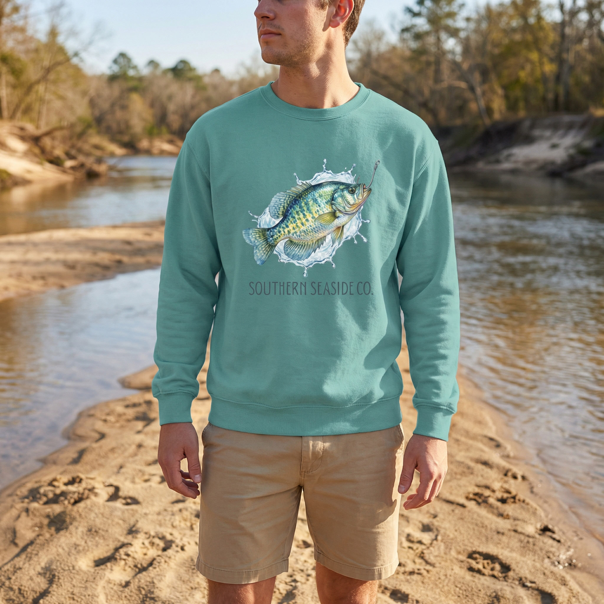 Man wearing a crappie sweatshirt made by Comfort Colors.