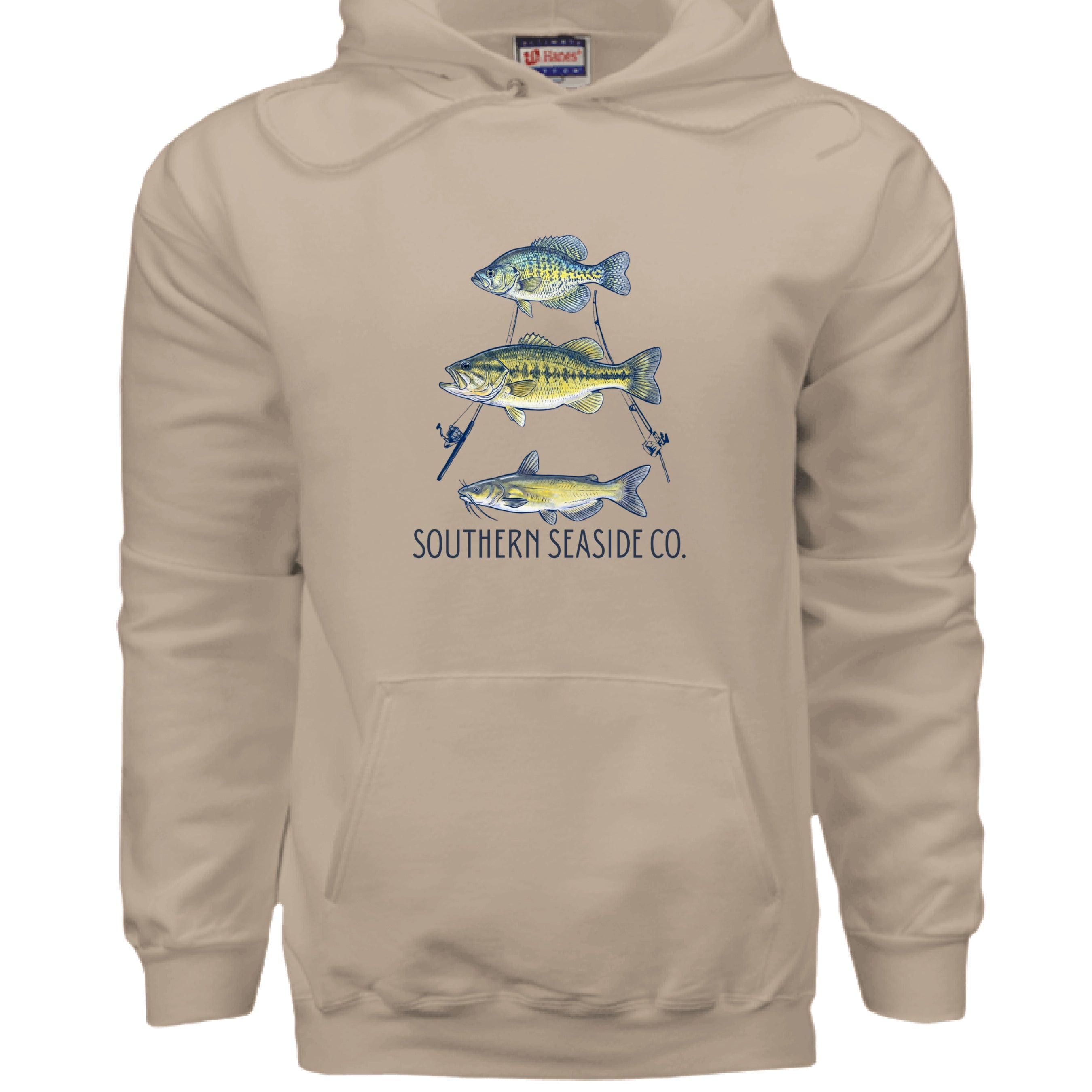 Hanes Ultimate Cotton hoodie, pebble color, featuring a stacked triple‑fish graphic and Southern Seaside Co. logo