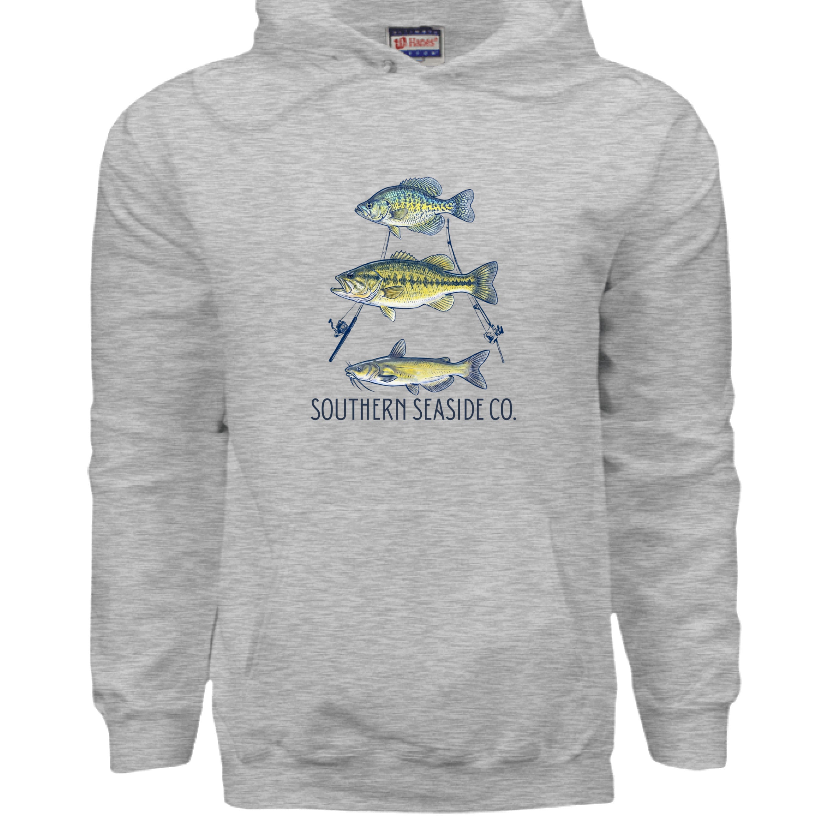 Hanes Ultimate Cotton hoodie, ash color, featuring a stacked triple‑fish graphic and Southern Seaside Co. logo