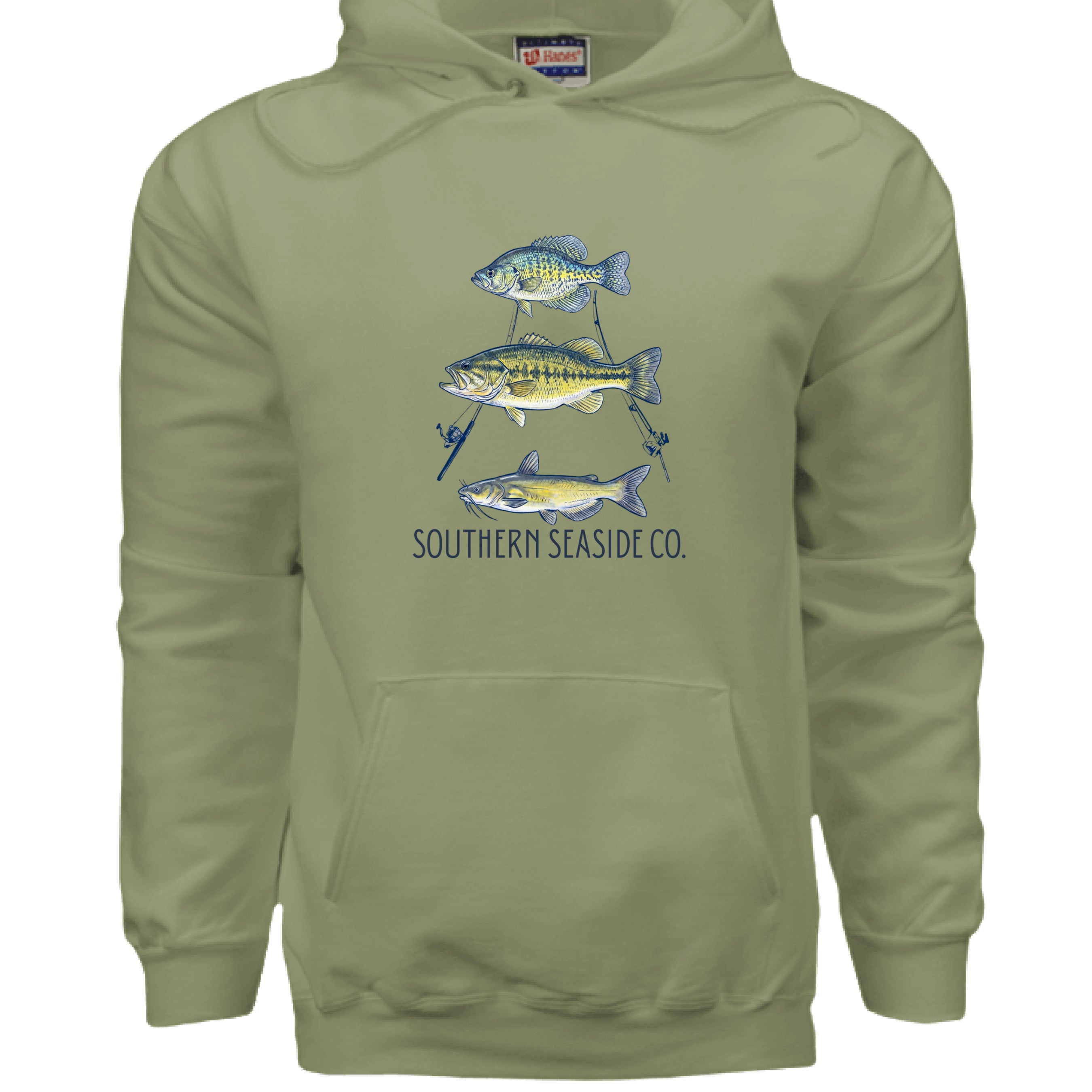 Hanes Ultimate Cotton hoodie, oregano color featuring a stacked triple‑fish graphic and Southern Seaside Co. logo