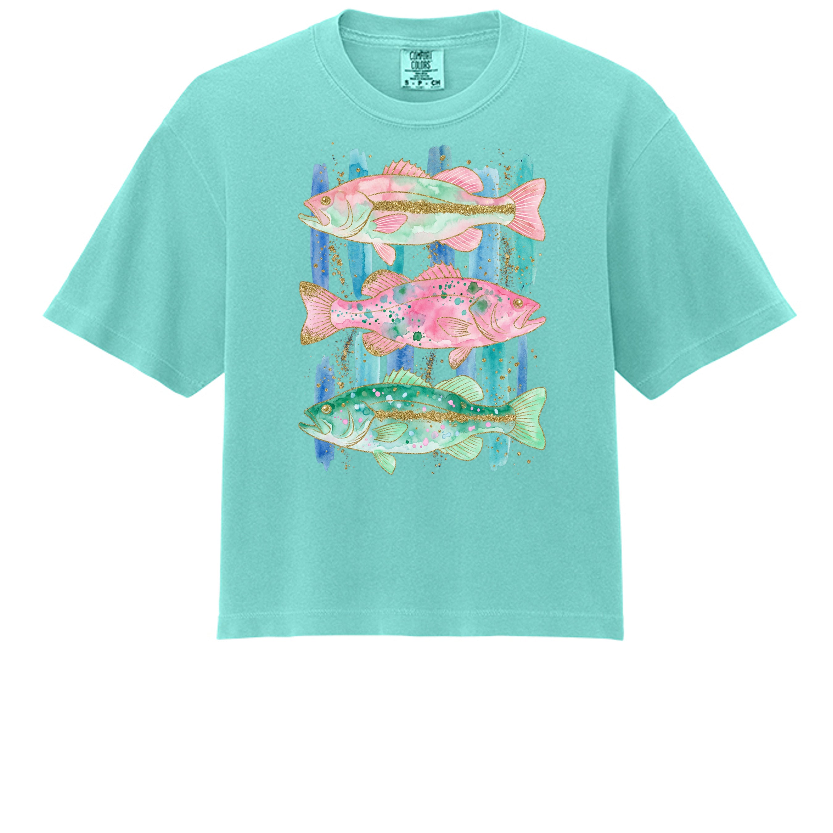Mint Colored Cropped T-Shirt with Fishing Design | Women's Cropped T-Shirts